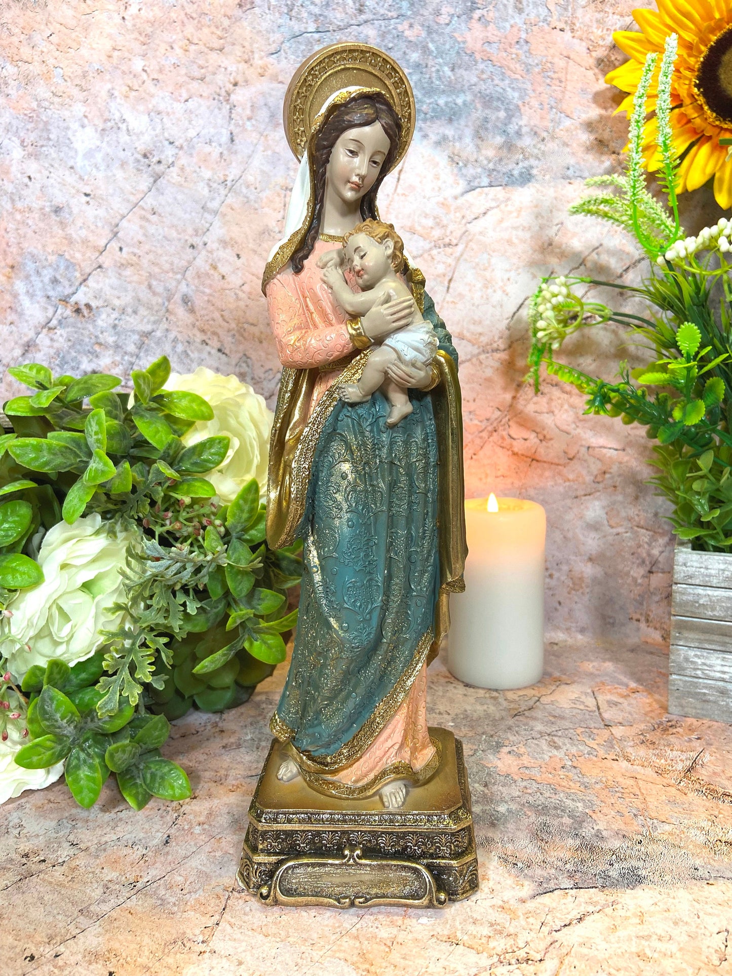 Virgin Mary and Infant Jesus Statue | 30x9.5 cm | Resin Crafted | Mother's Love | Spiritual Home Decor | Sacred Figurine of Blessings-Osiris Craftworks