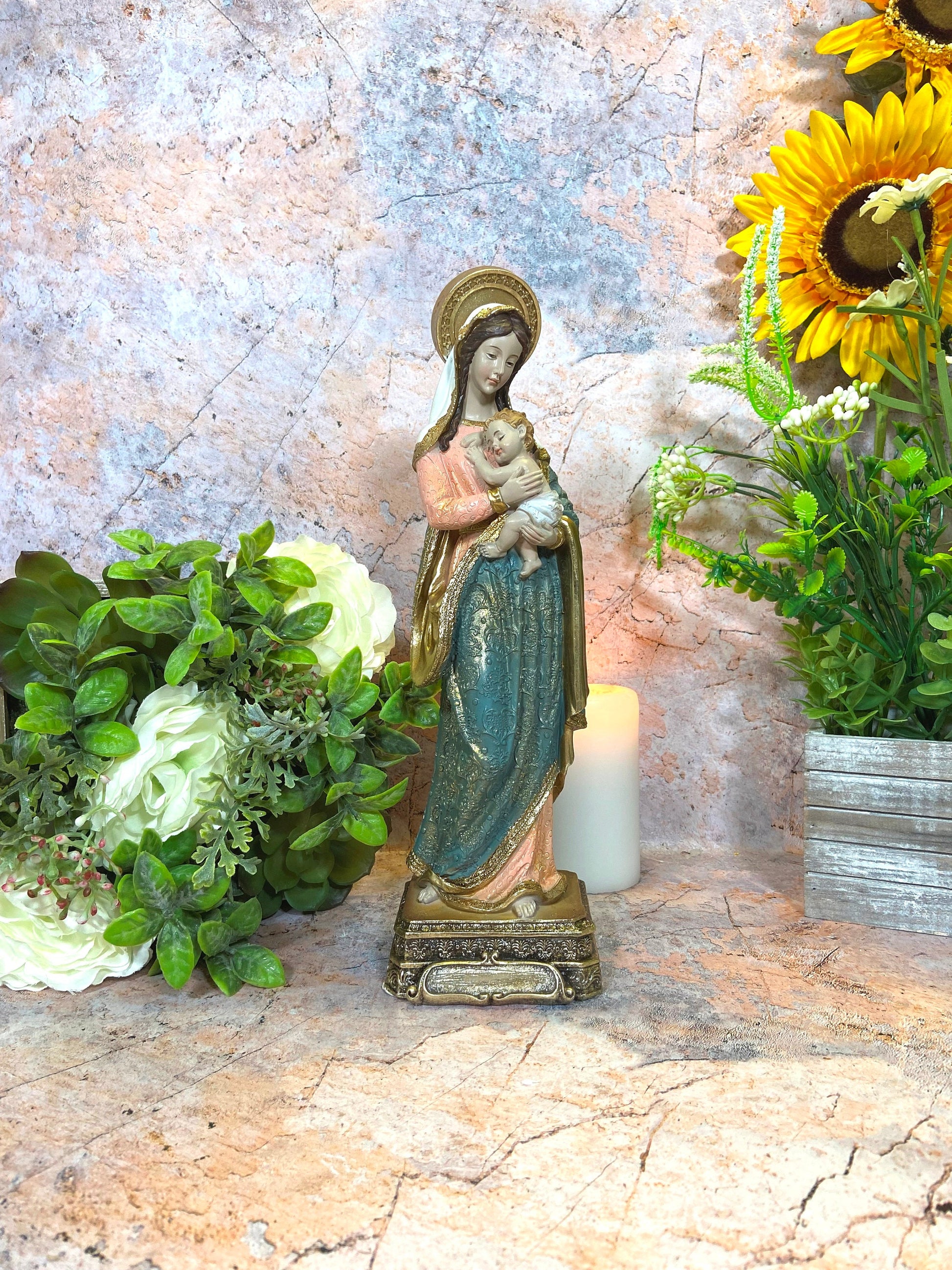 Virgin Mary and Infant Jesus Statue | 30x9.5 cm | Resin Crafted | Mother's Love | Spiritual Home Decor | Sacred Figurine of Blessings-Osiris Craftworks