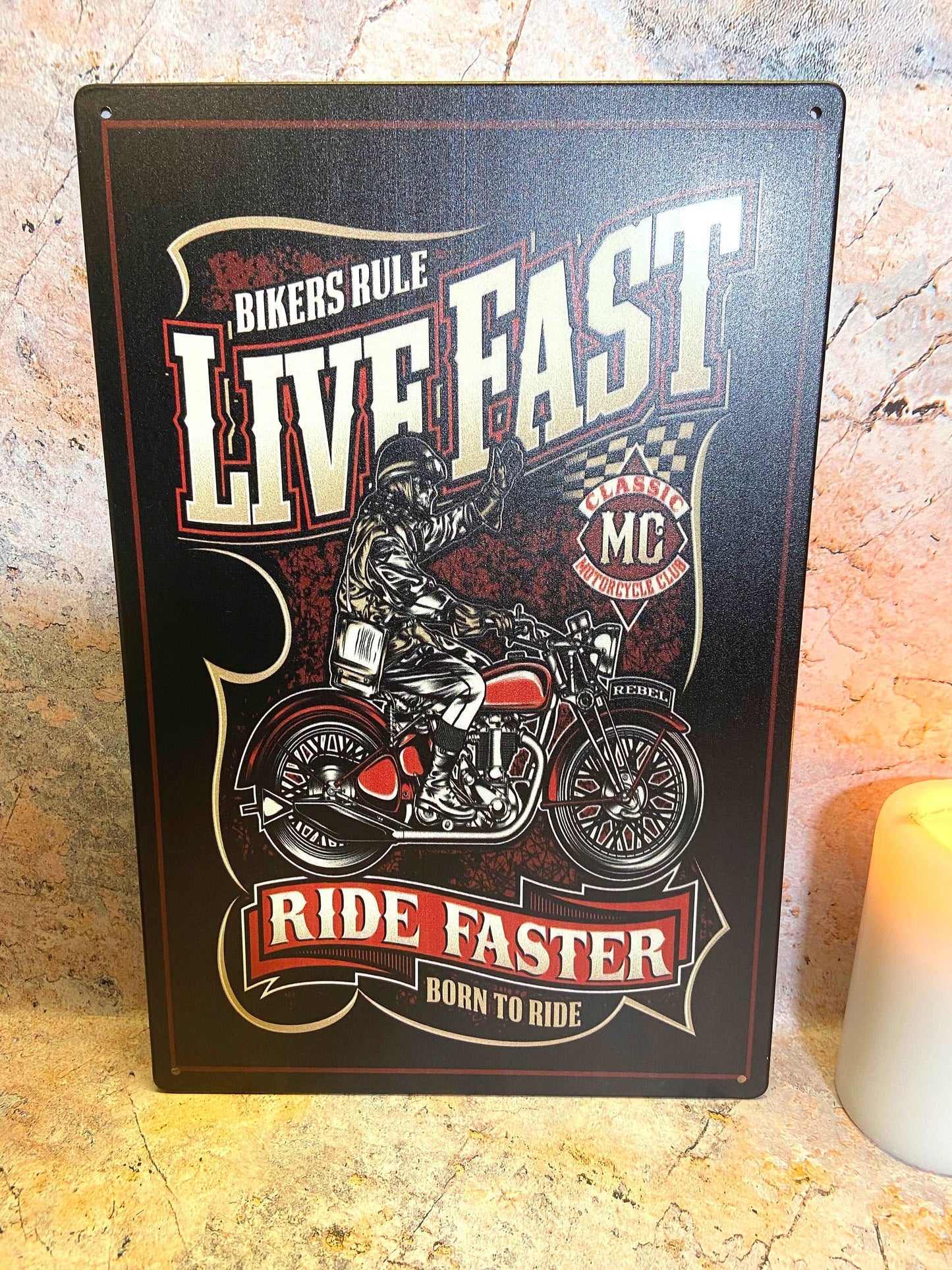 Biker's Rule Live Fast, Ride Faster - Metal Sign for Adventurous Souls Man Cave Garage Decor Shed-Osiris Craftworks