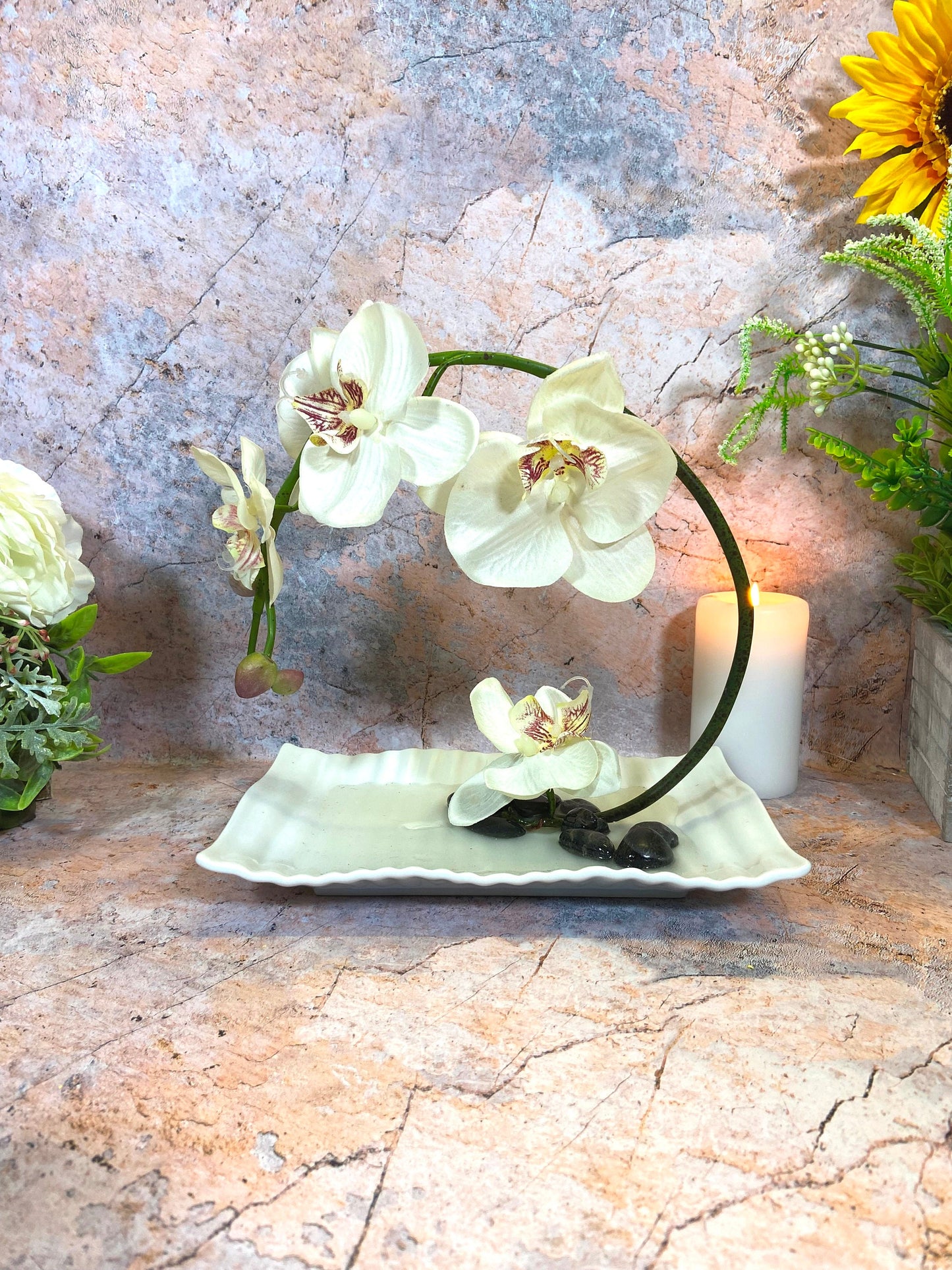 Life-Like Artificial Orchids | Realistic Faux Floral Arrangement | White Ceramic Display | Elegant Home Decor | 28x23 cm