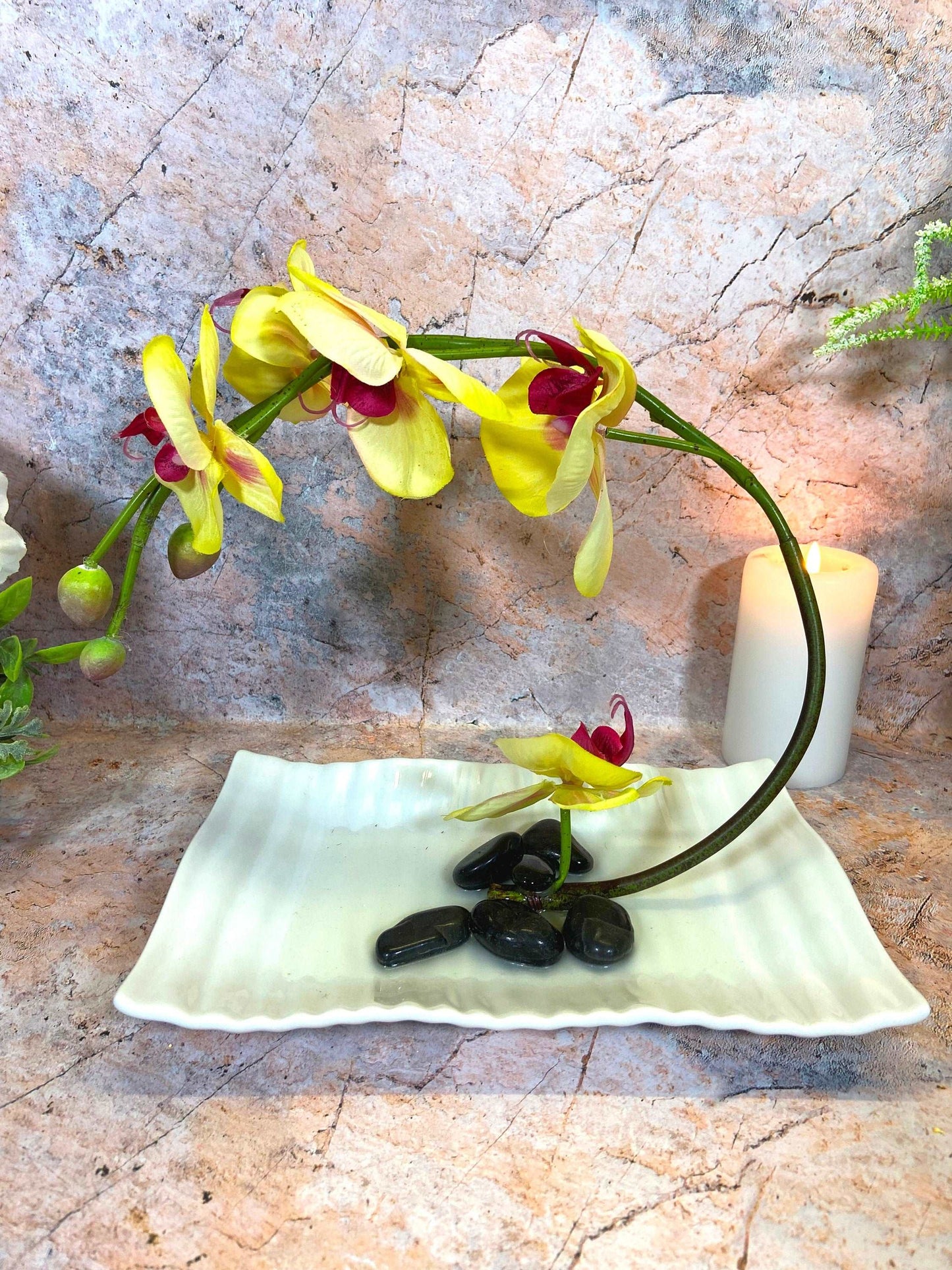 Artificial Orchids | Life-Like Floral Arrangement | Elegant Home Decor | Maintenance-Free Flowers | White Ceramic Display |  28x23 cm |