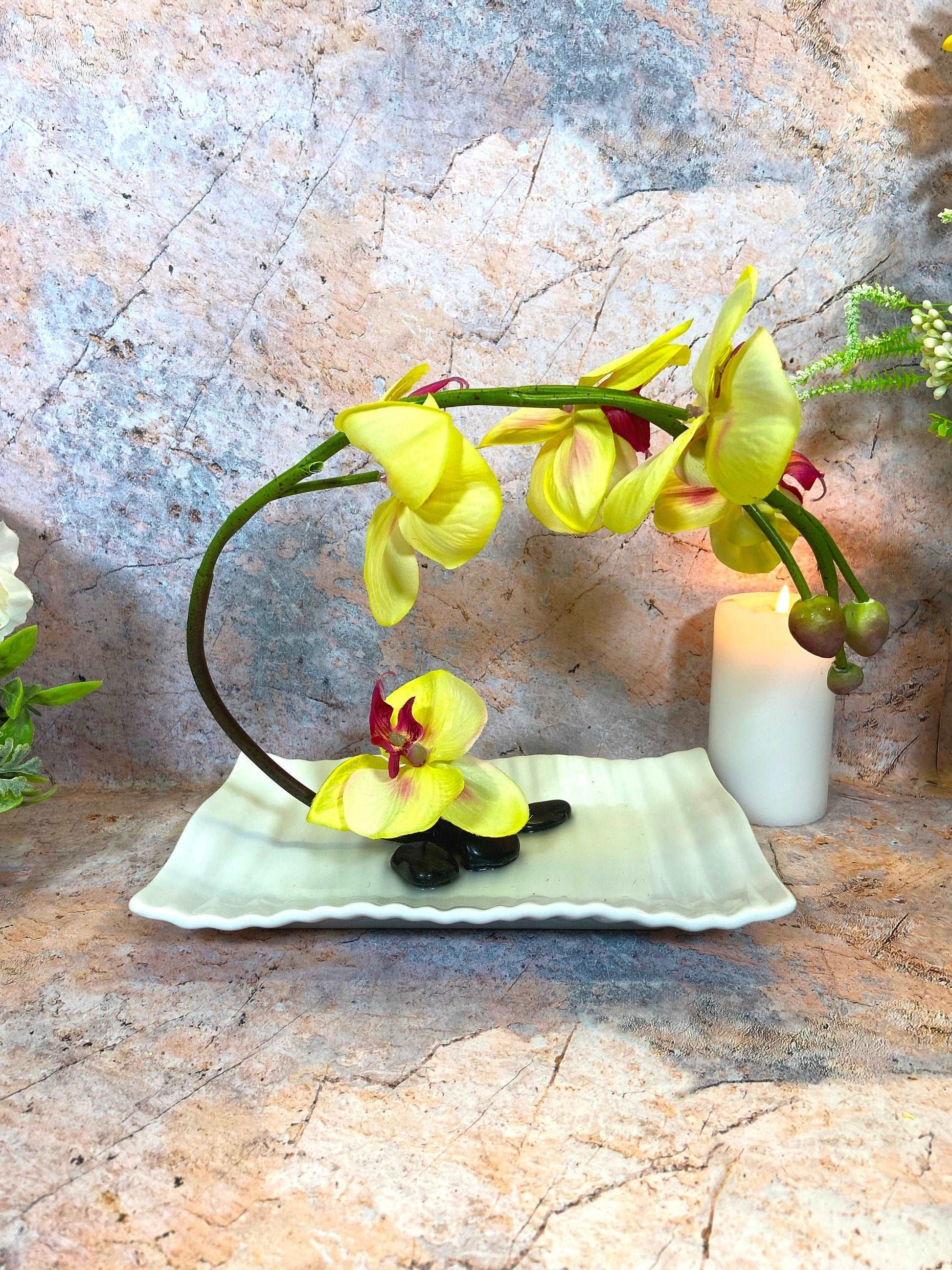 Artificial Orchids | Life-Like Floral Arrangement | Elegant Home Decor | Maintenance-Free Flowers | White Ceramic Display |  28x23 cm |