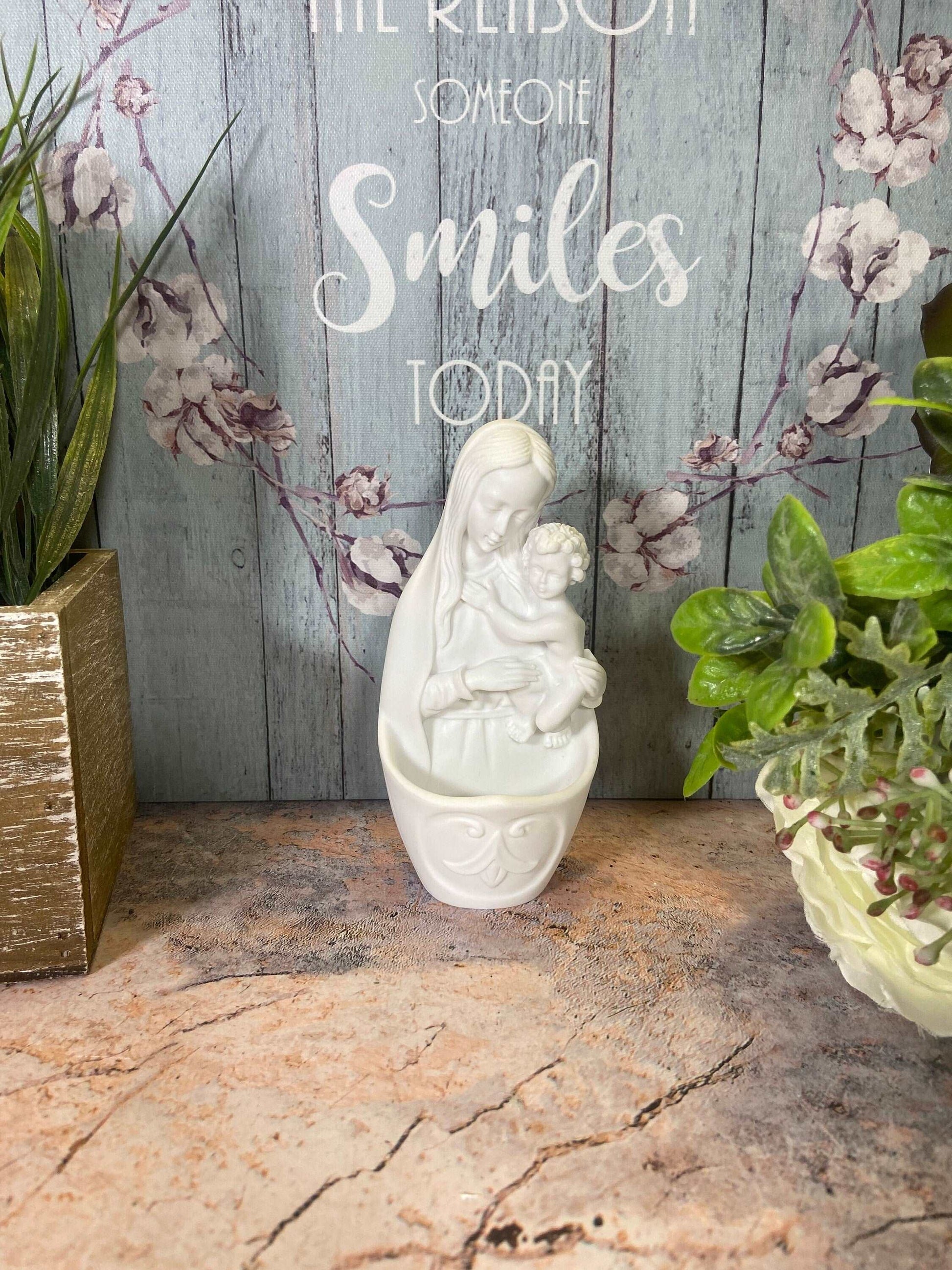 Blessed Virgin Mary with Baby Jesus Holy Water Font, Wall Plaque, Peaceful Christian Resin Sculpture, Sacred Art-Osiris Craftworks