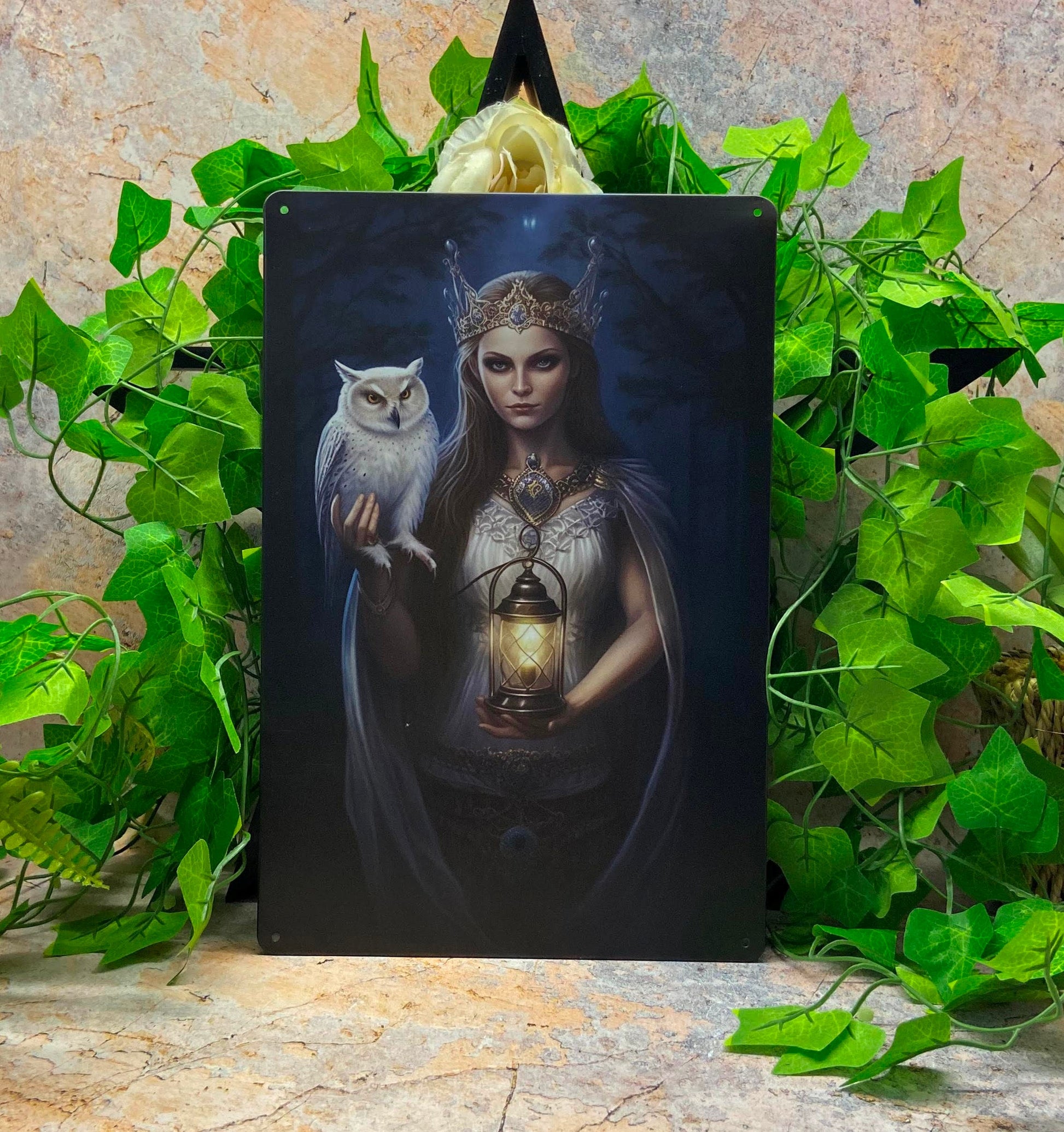 Queen with Lantern & Owl Metal Sign | Night Forest Décor | Enchanting Wall Art | Mystical Home Decoration | 20x30cm-Osiris Craftworks