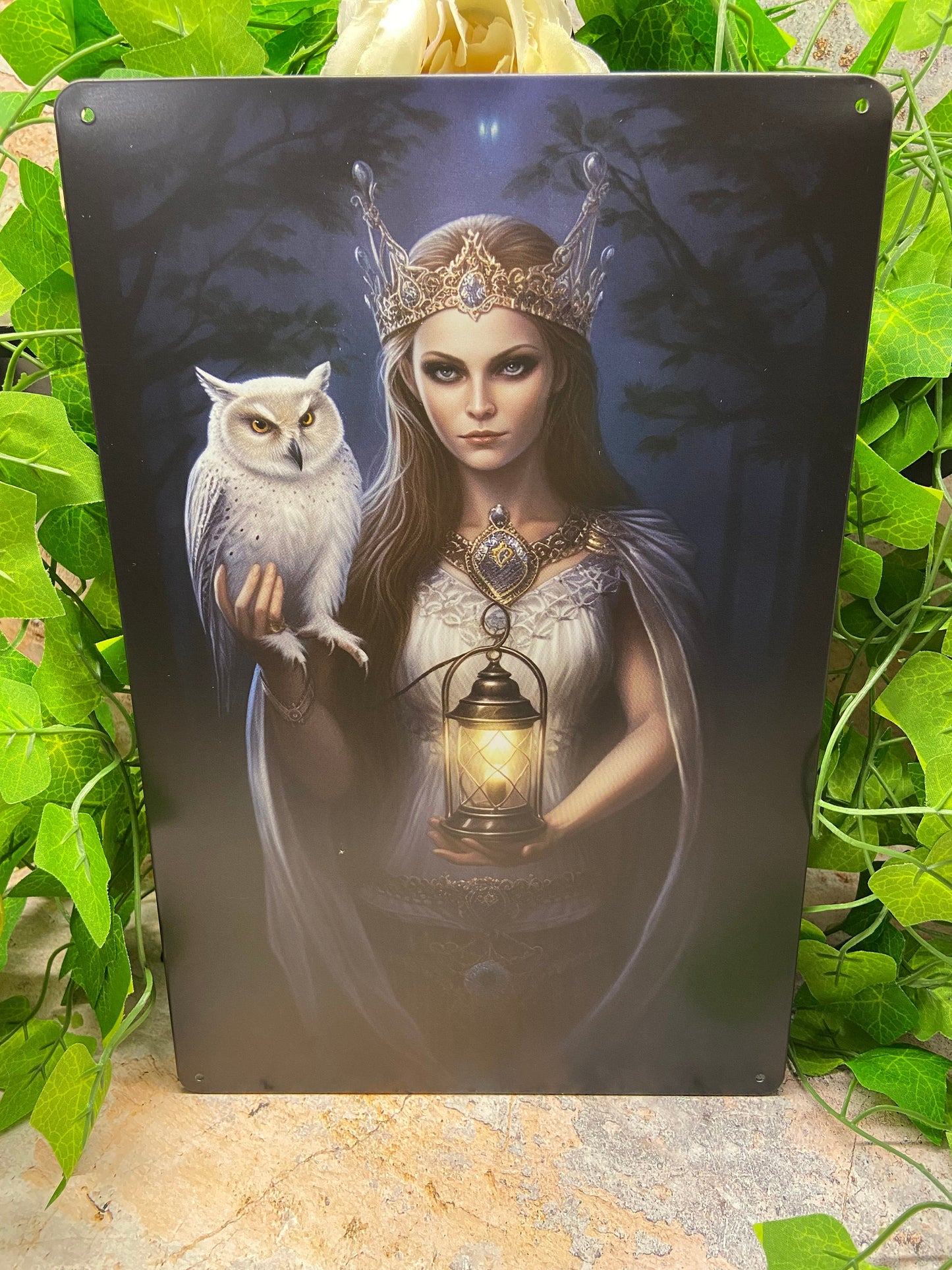 Queen with Lantern & Owl Metal Sign | Night Forest Décor | Enchanting Wall Art | Mystical Home Decoration | 20x30cm-Osiris Craftworks