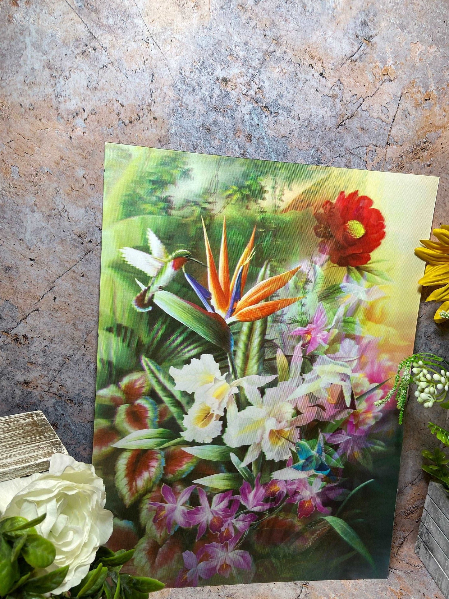 3D Holographic Poster 40x30cm - Flowers & Hummingbird - Lenticular Nature Decor Self-Adhesive