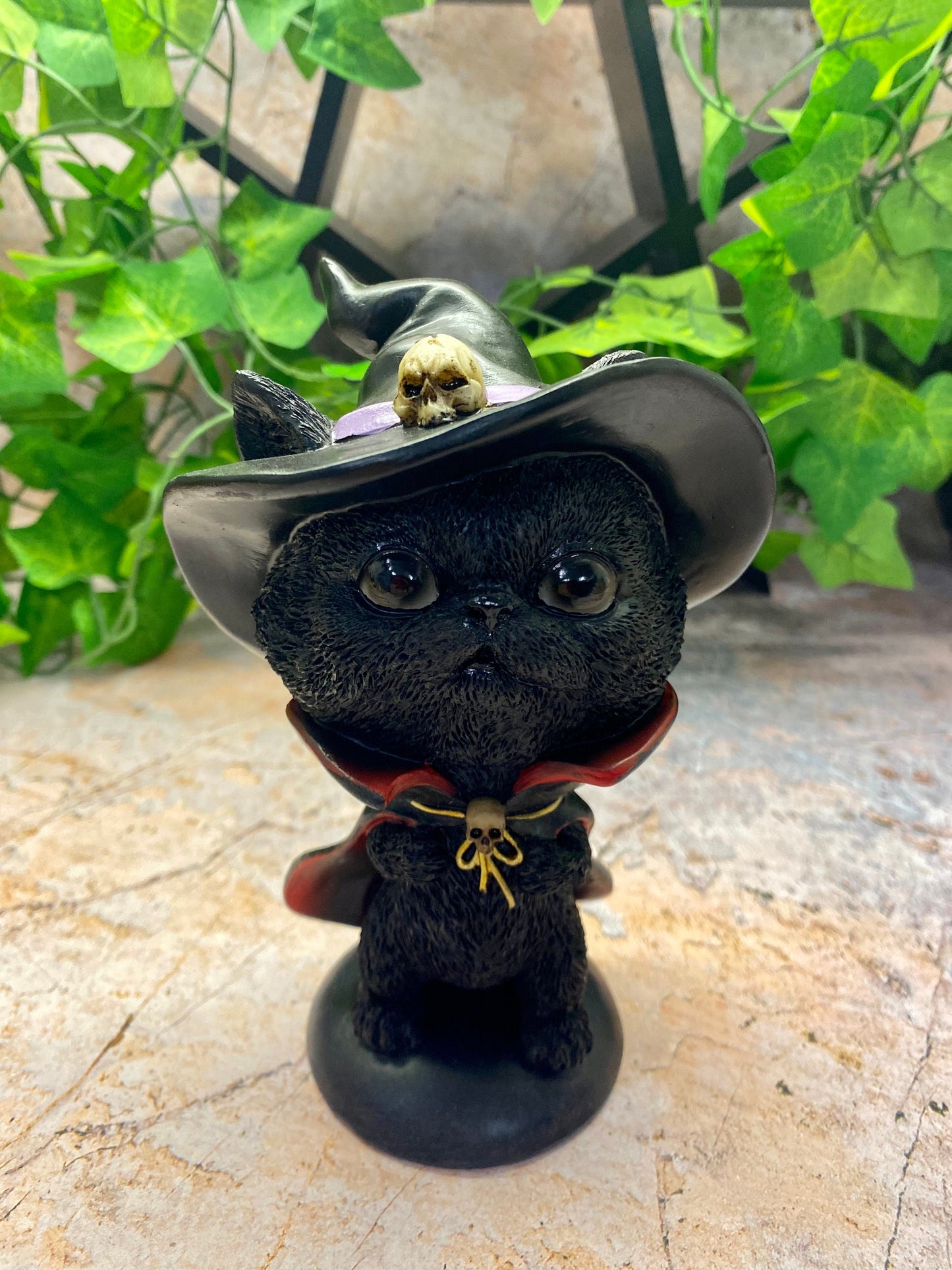 Comical Black Cat with Witch Hat & Cape - Whimsical Halloween Decor - Resin Statue - Gothic Cat with Skull - 15x11cm-Osiris Craftworks