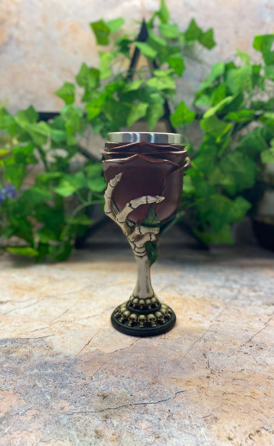 Skeleton Hand & Rose Halloween Goblet - Gothic Resin Statue with Stainless Steel Insert - Skull-Ornated Base, Unique Drinking Vessel-Osiris Craftworks