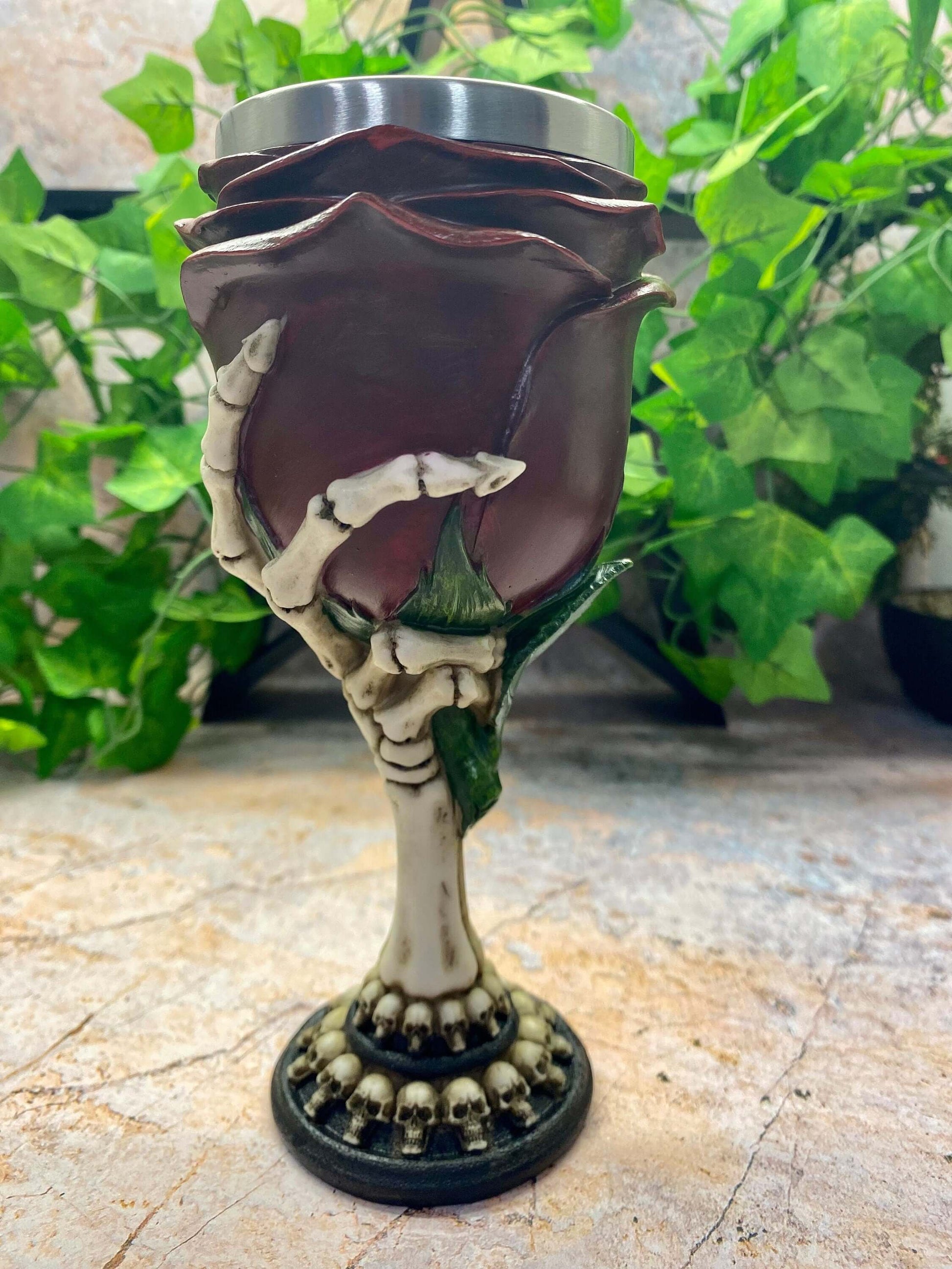 Skeleton Hand & Rose Halloween Goblet - Gothic Resin Statue with Stainless Steel Insert - Skull-Ornated Base, Unique Drinking Vessel-Osiris Craftworks