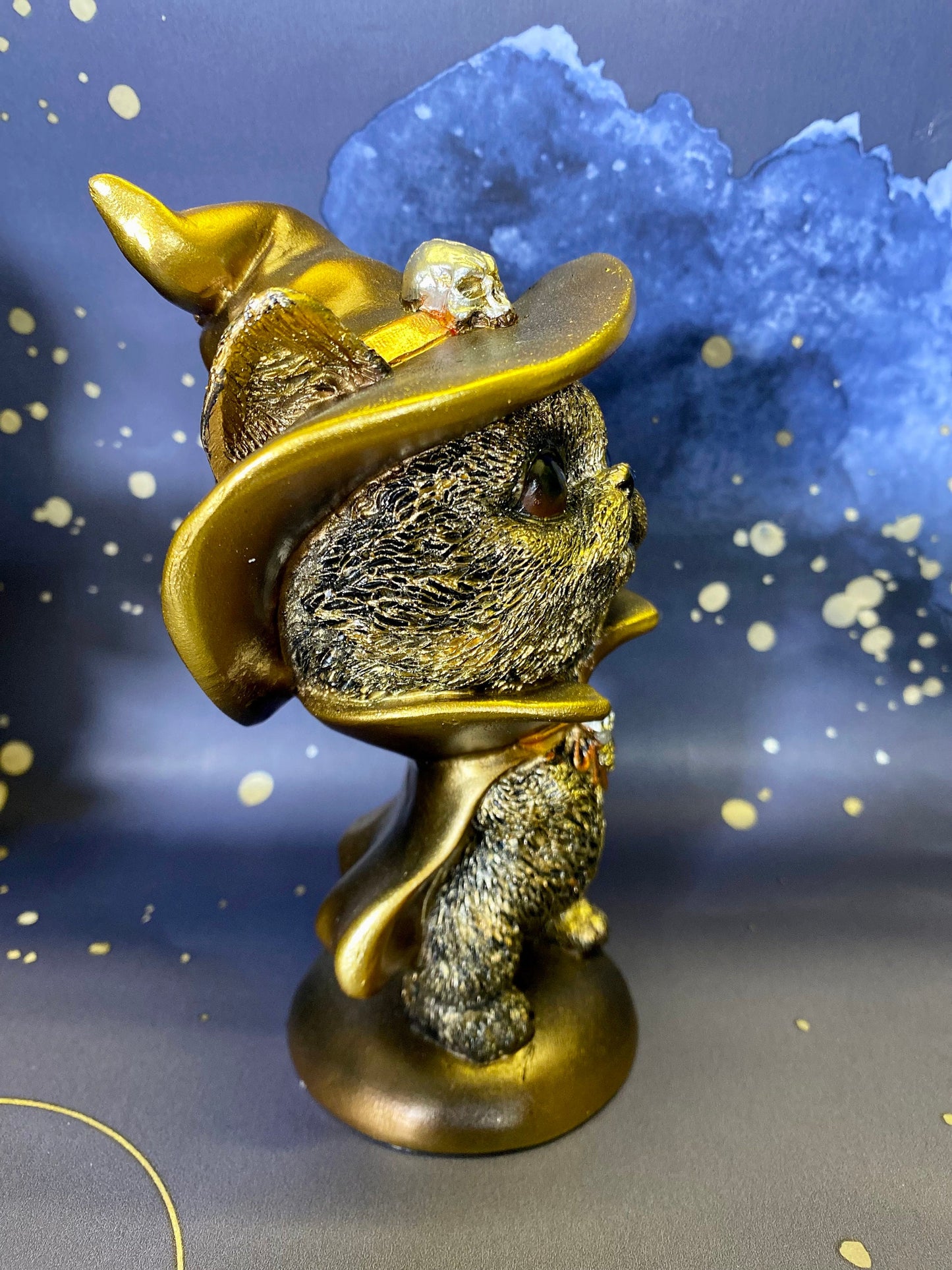 Gold Effect Comical Cat Statue with Witch Hat & Cape - Halloween Decor Resin Figurine - Witchy Cat Ornament-Osiris Craftworks