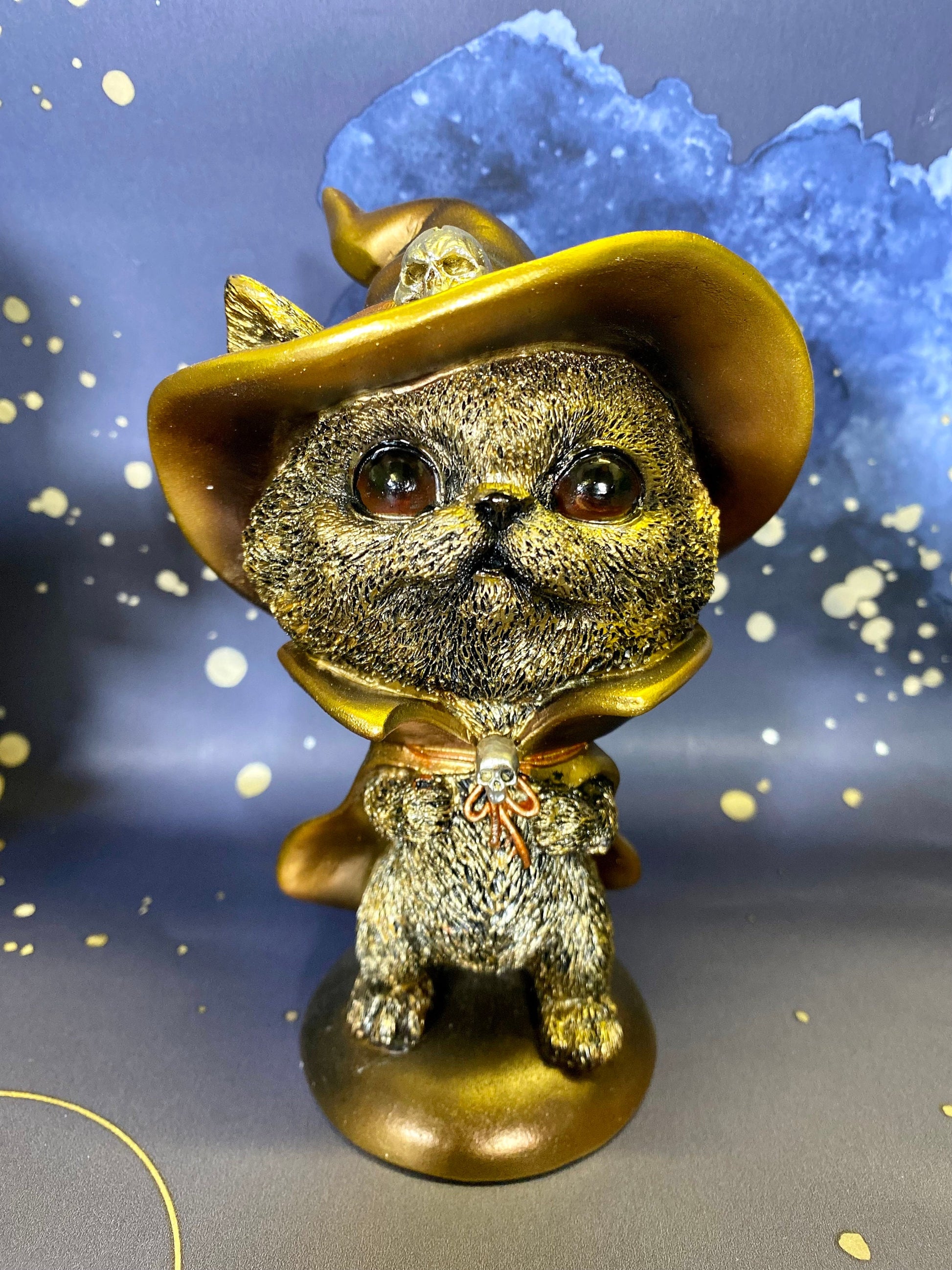 Gold Effect Comical Cat Statue with Witch Hat & Cape - Halloween Decor Resin Figurine - Witchy Cat Ornament-Osiris Craftworks