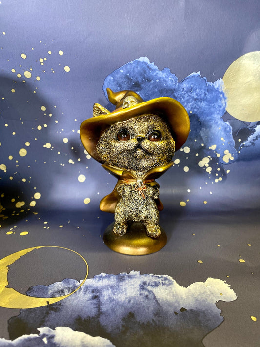 Gold Effect Comical Cat Statue with Witch Hat & Cape - Halloween Decor Resin Figurine - Witchy Cat Ornament-Osiris Craftworks