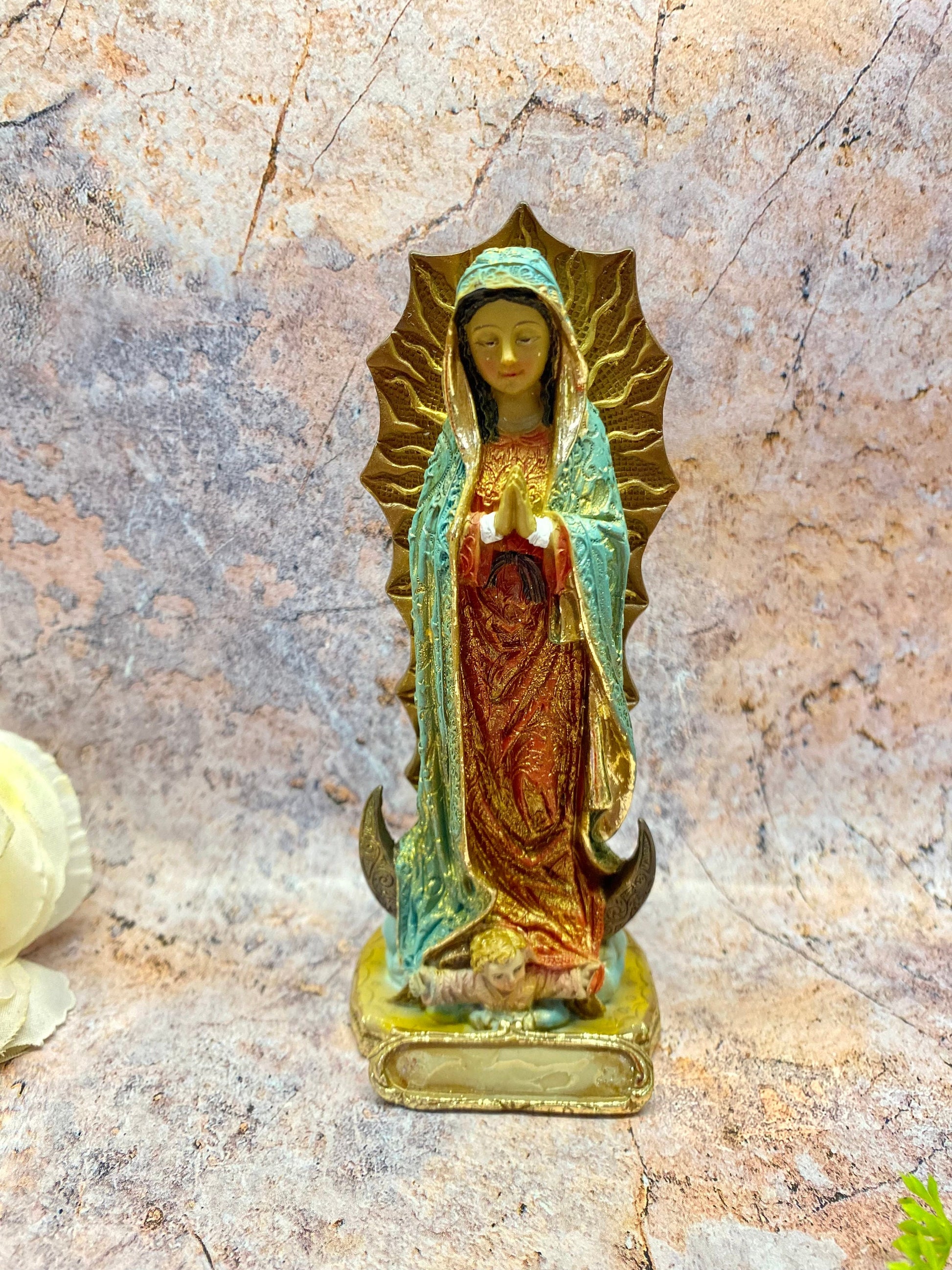 Our Lady of Guadalupe Resin Statue, Elegant Religious Decor, Blessed Virgin Mary, Catholic Faith Figure, 13cm Tall-Osiris Craftworks