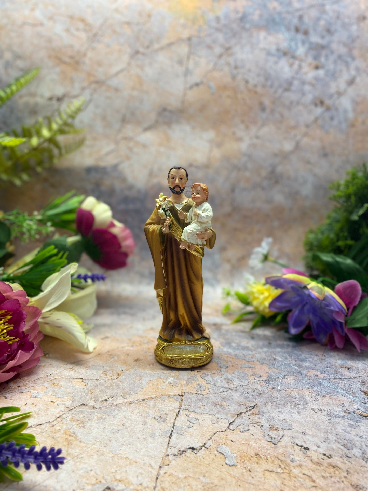 Saint Joseph with Child Jesus Resin Statue, Spiritual Catholic Decor, Fatherly Devotion, Religious Artwork, 15cm Tall Figure-Osiris Craftworks