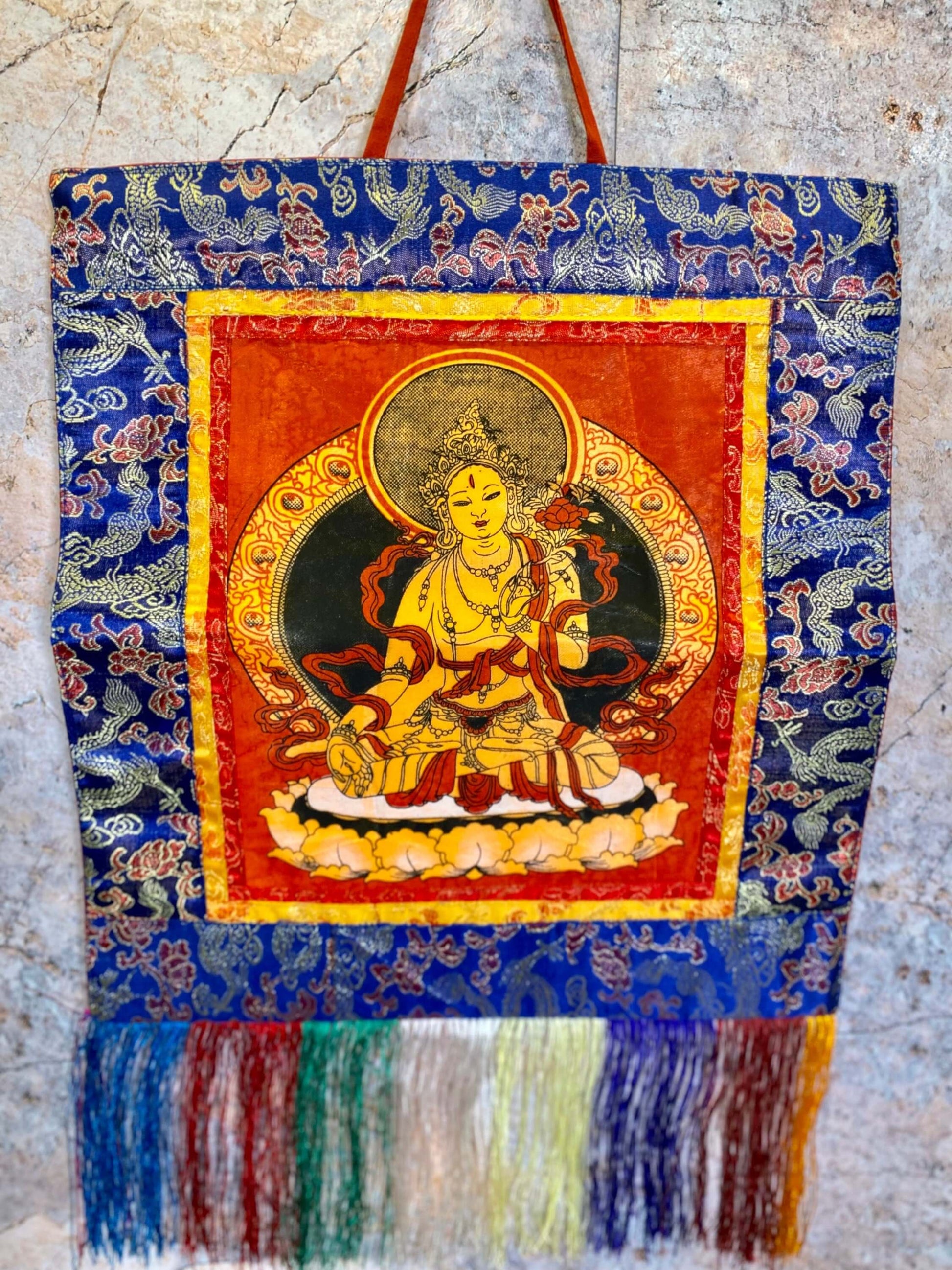 Tibetan Tara Brocade Thangka with Fringes, Traditional Spiritual Art, Meditation Decor, Handcrafted Wall Hanging, 40x28cm-Osiris Craftworks