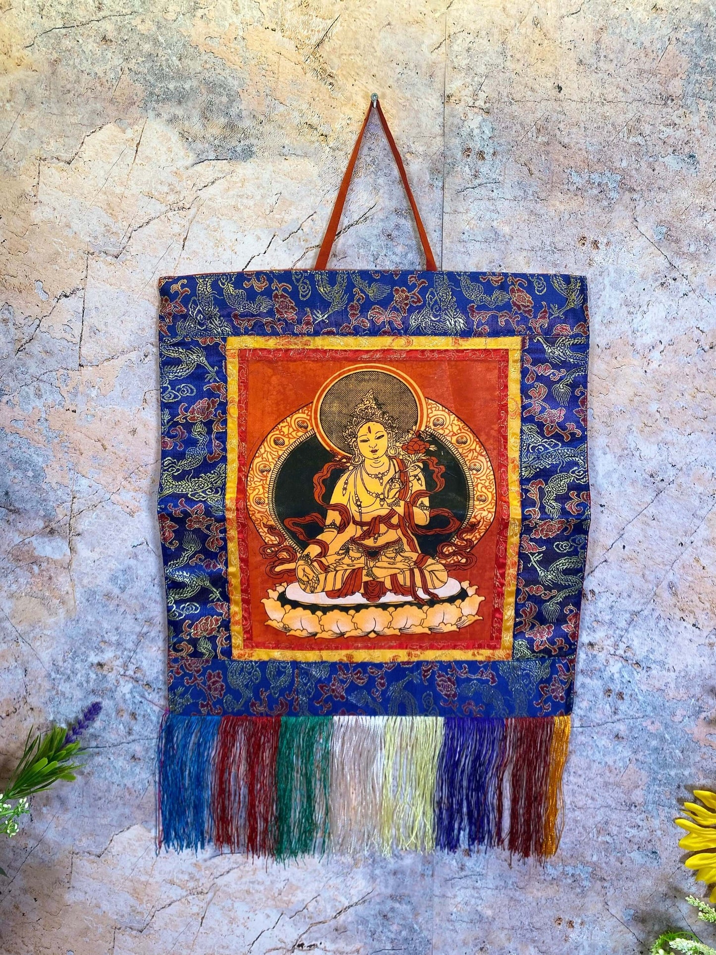 Tibetan Tara Brocade Thangka with Fringes, Traditional Spiritual Art, Meditation Decor, Handcrafted Wall Hanging, 40x28cm-Osiris Craftworks