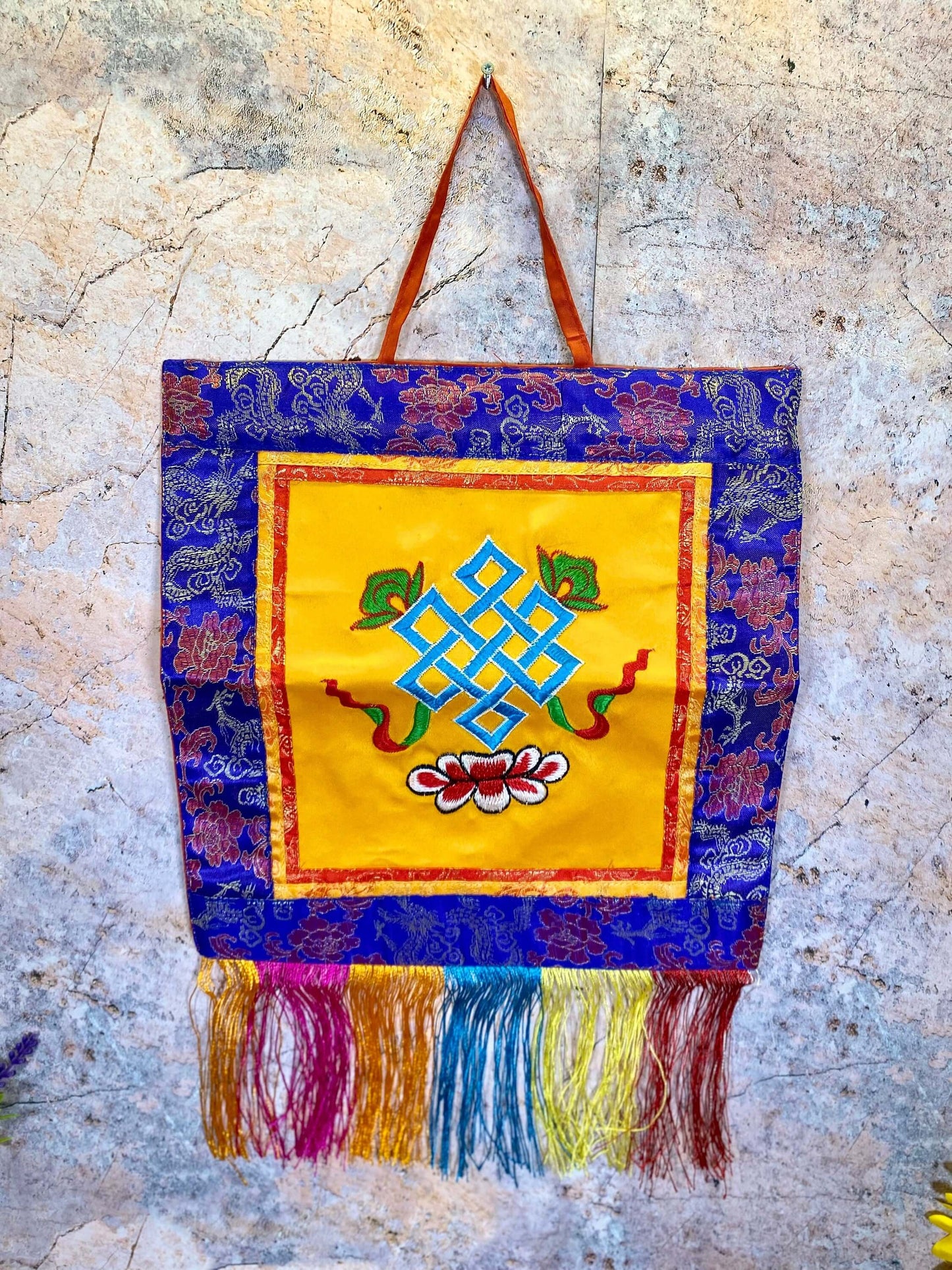 Tibetan Endless Knot Wall Hanging, Handcrafted Brocade Silk & Cotton Banner, Authentic Meditation Decor, Spiritual Symbol, 17x41cm-Osiris Craftworks