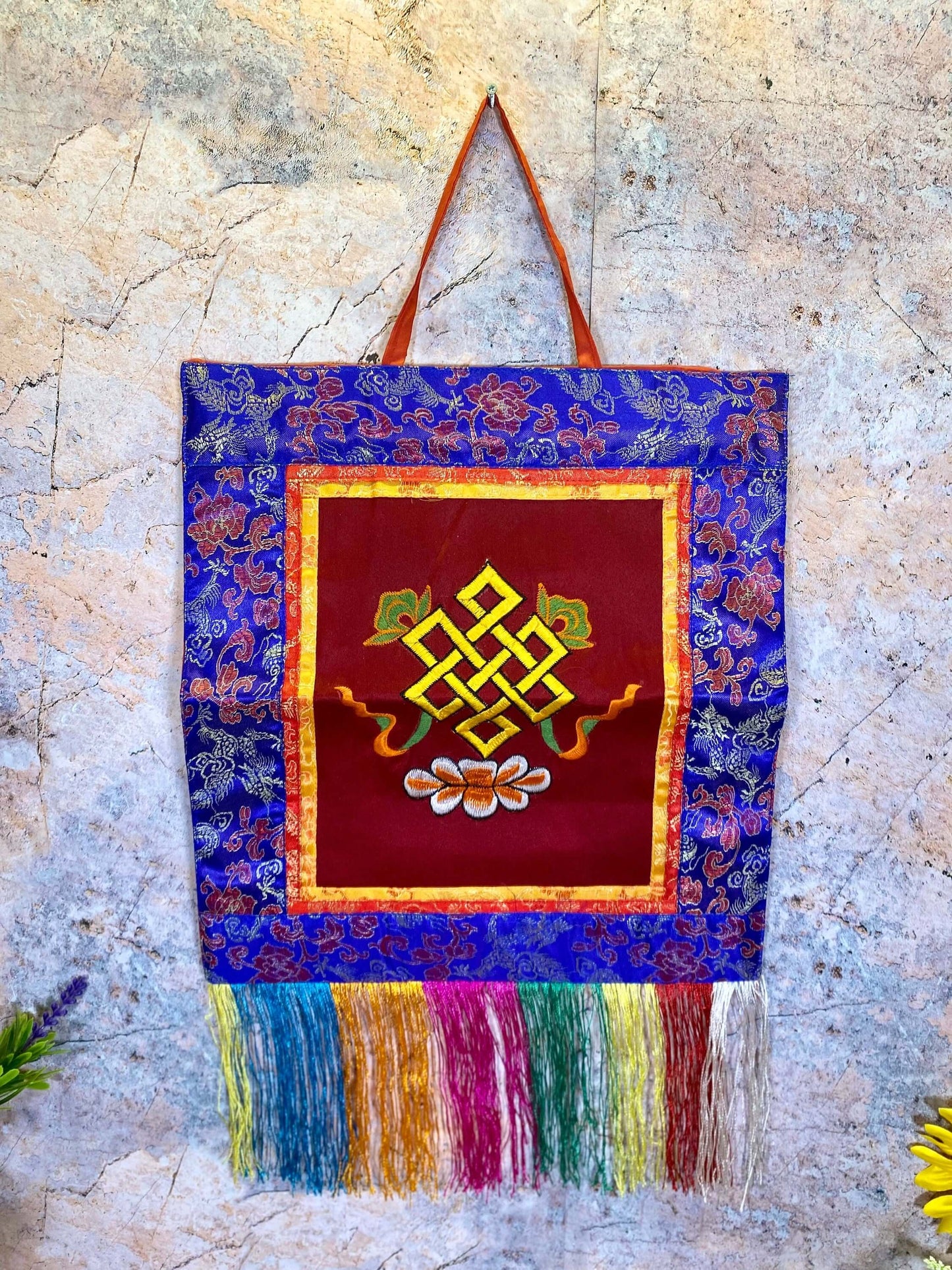 Tibetan Endless Knot Wall Hanging, Handcrafted Brocade Silk & Cotton Banner, Authentic Meditation Decor, Spiritual Symbol, 17x41cm-Osiris Craftworks