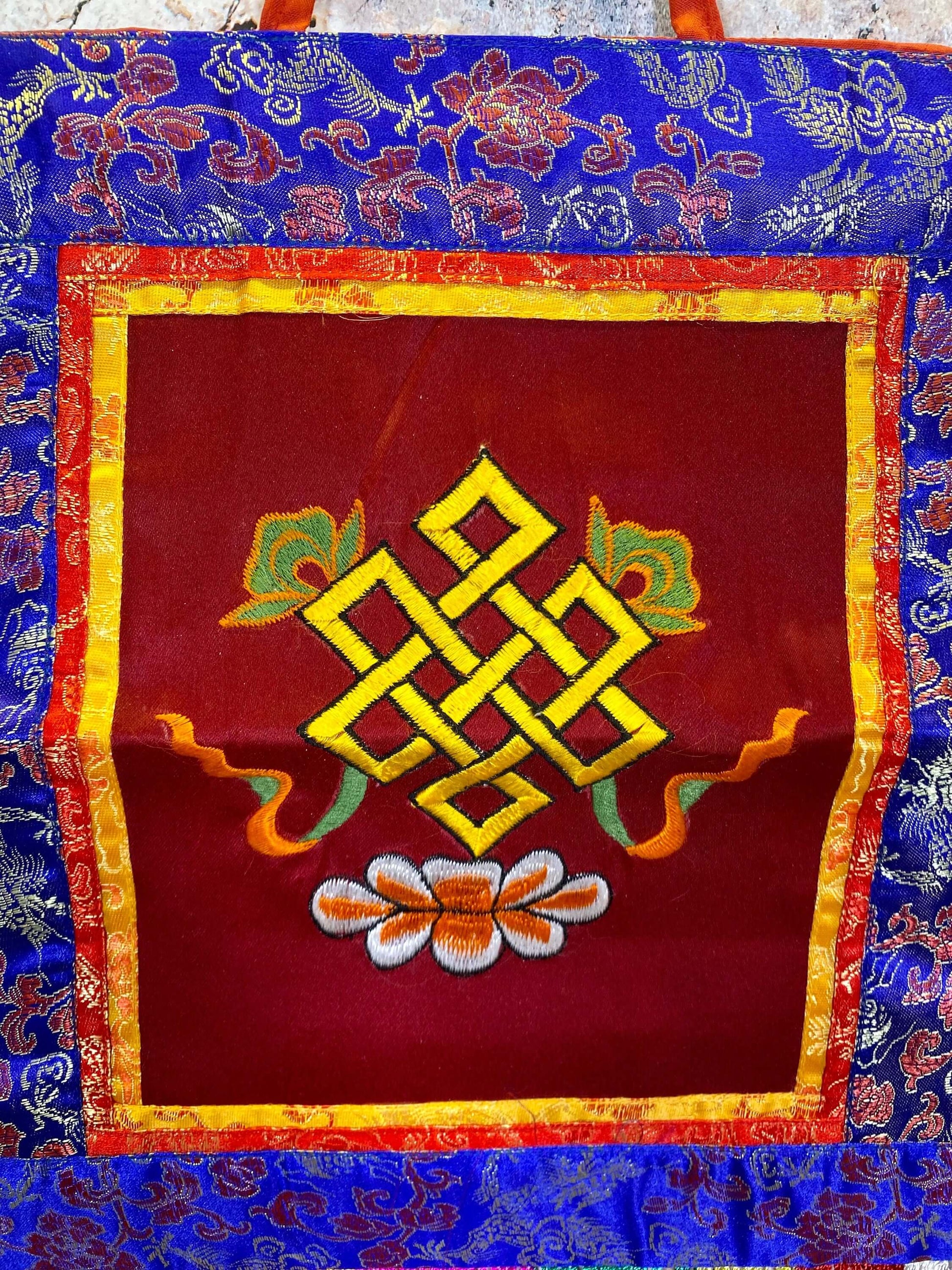 Tibetan Endless Knot Wall Hanging, Handcrafted Brocade Silk & Cotton Banner, Authentic Meditation Decor, Spiritual Symbol, 17x41cm-Osiris Craftworks