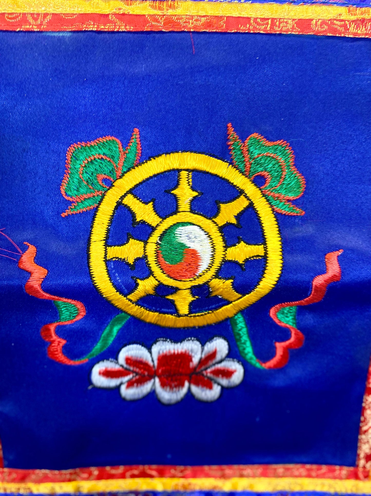 Tibetan Dharma Wheel Wall Banner, Authentic Brocade Silk & Cotton Hanging, Spiritual Meditation Decor, Dharmachakra Symbol, 27x41cm-Osiris Craftworks