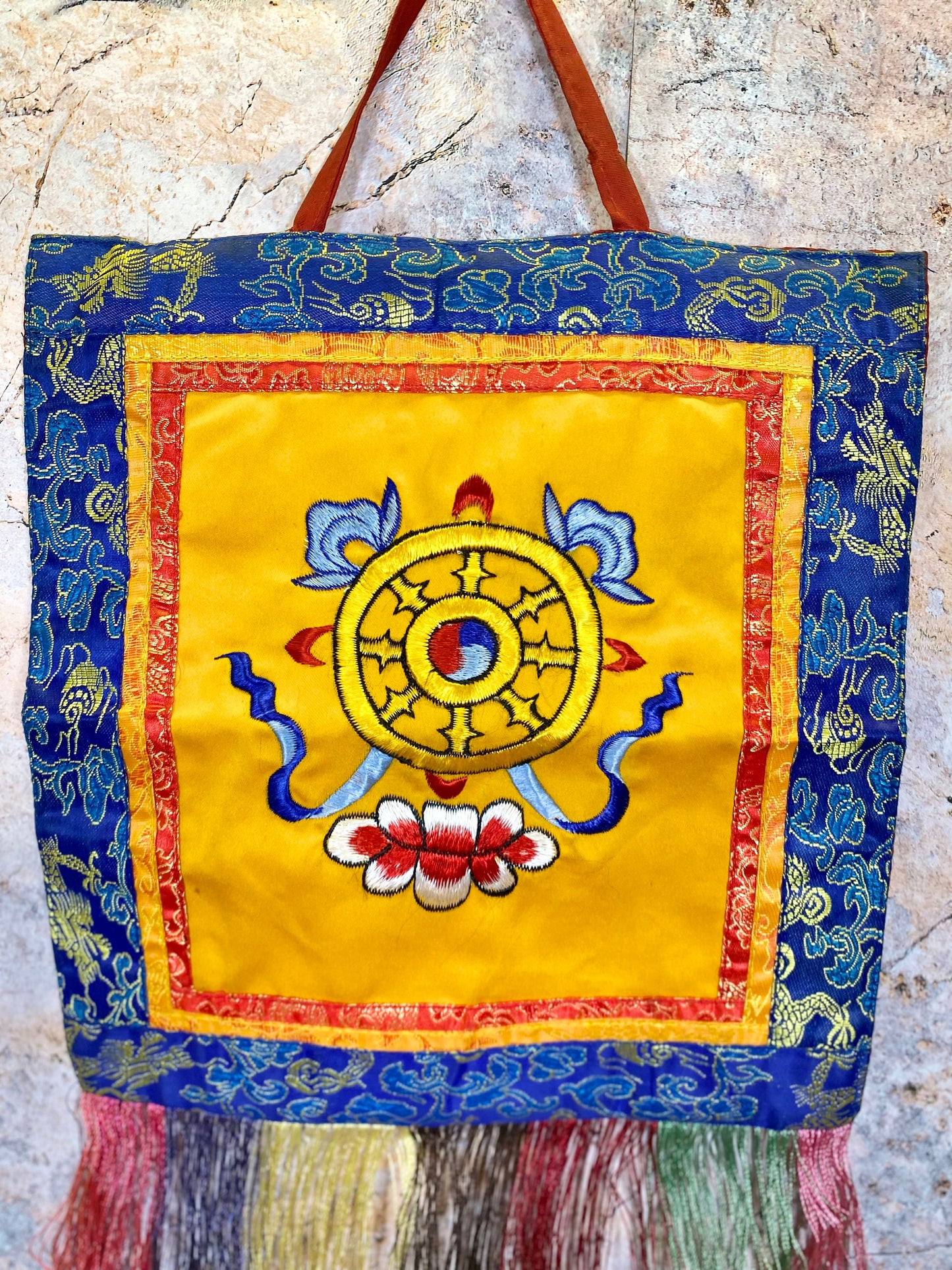 Tibetan Dharma Wheel Wall Banner, Authentic Brocade Silk & Cotton Hanging, Spiritual Meditation Decor, Dharmachakra Symbol, 27x41cm-Osiris Craftworks