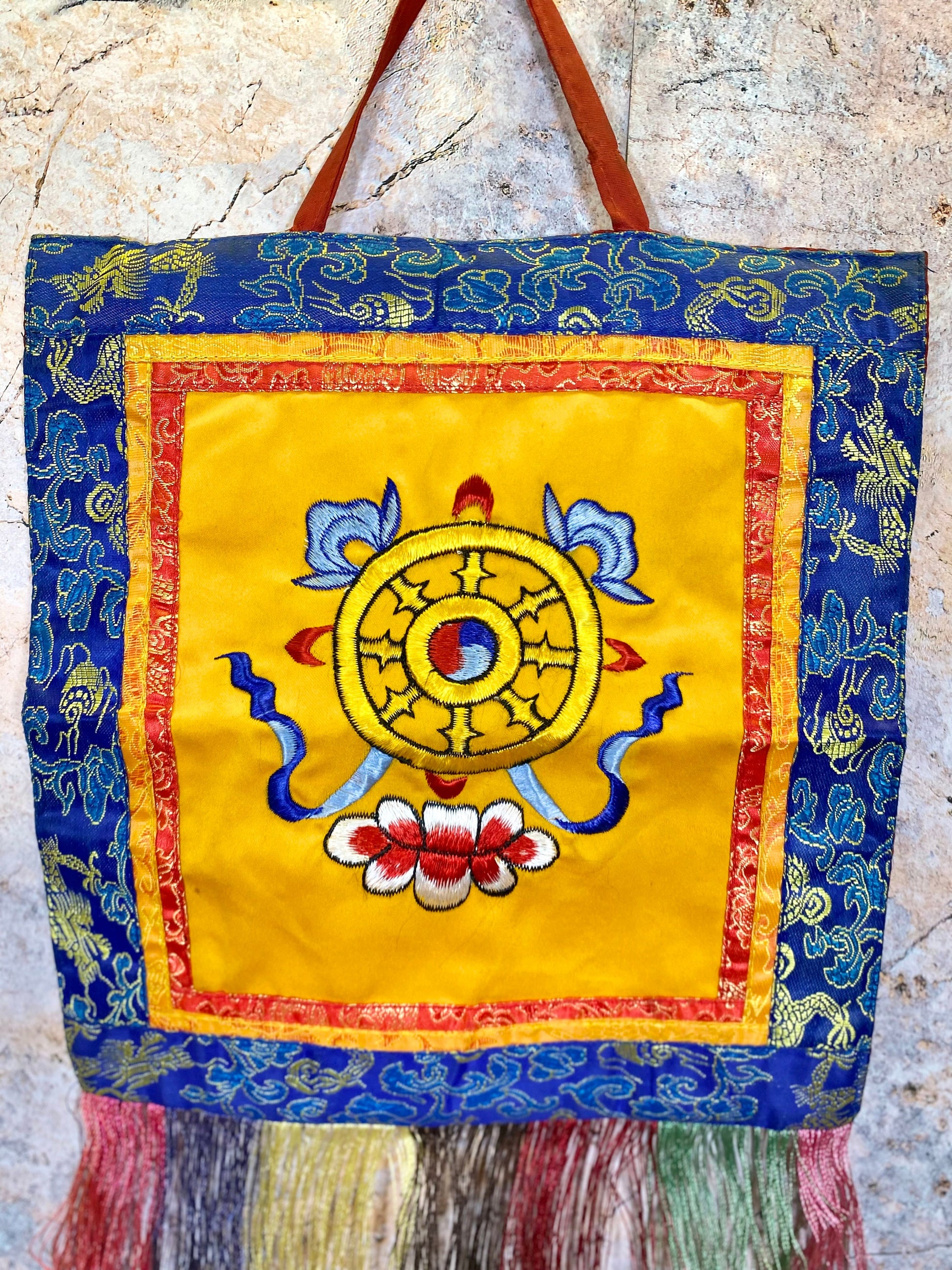 Tibetan Dharma Wheel Wall Banner, Authentic Brocade Silk & Cotton Hanging, Spiritual Meditation Decor, Dharmachakra Symbol, 27x41cm-Osiris Craftworks