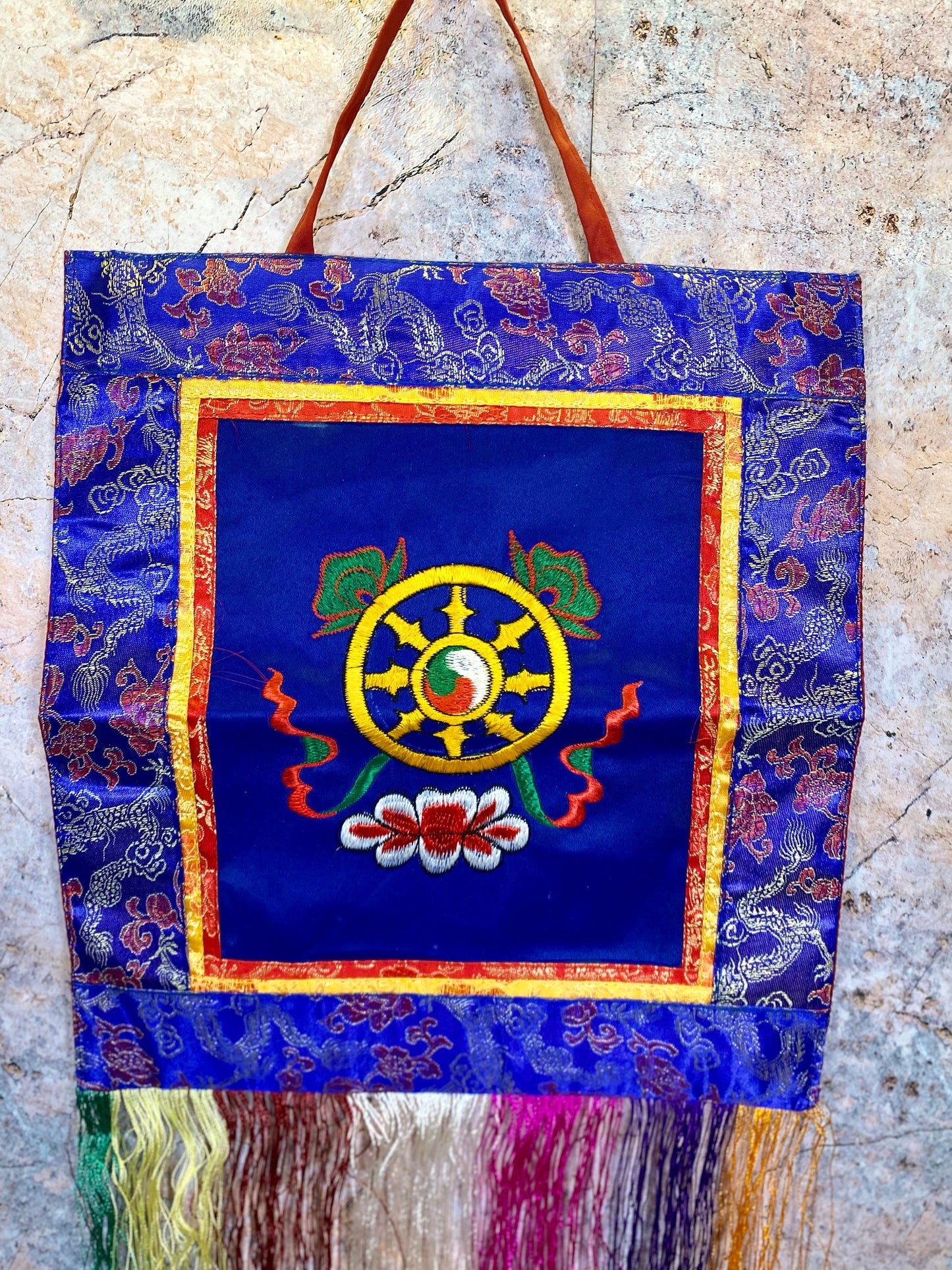 Tibetan Dharma Wheel Wall Banner, Authentic Brocade Silk & Cotton Hanging, Spiritual Meditation Decor, Dharmachakra Symbol, 27x41cm-Osiris Craftworks