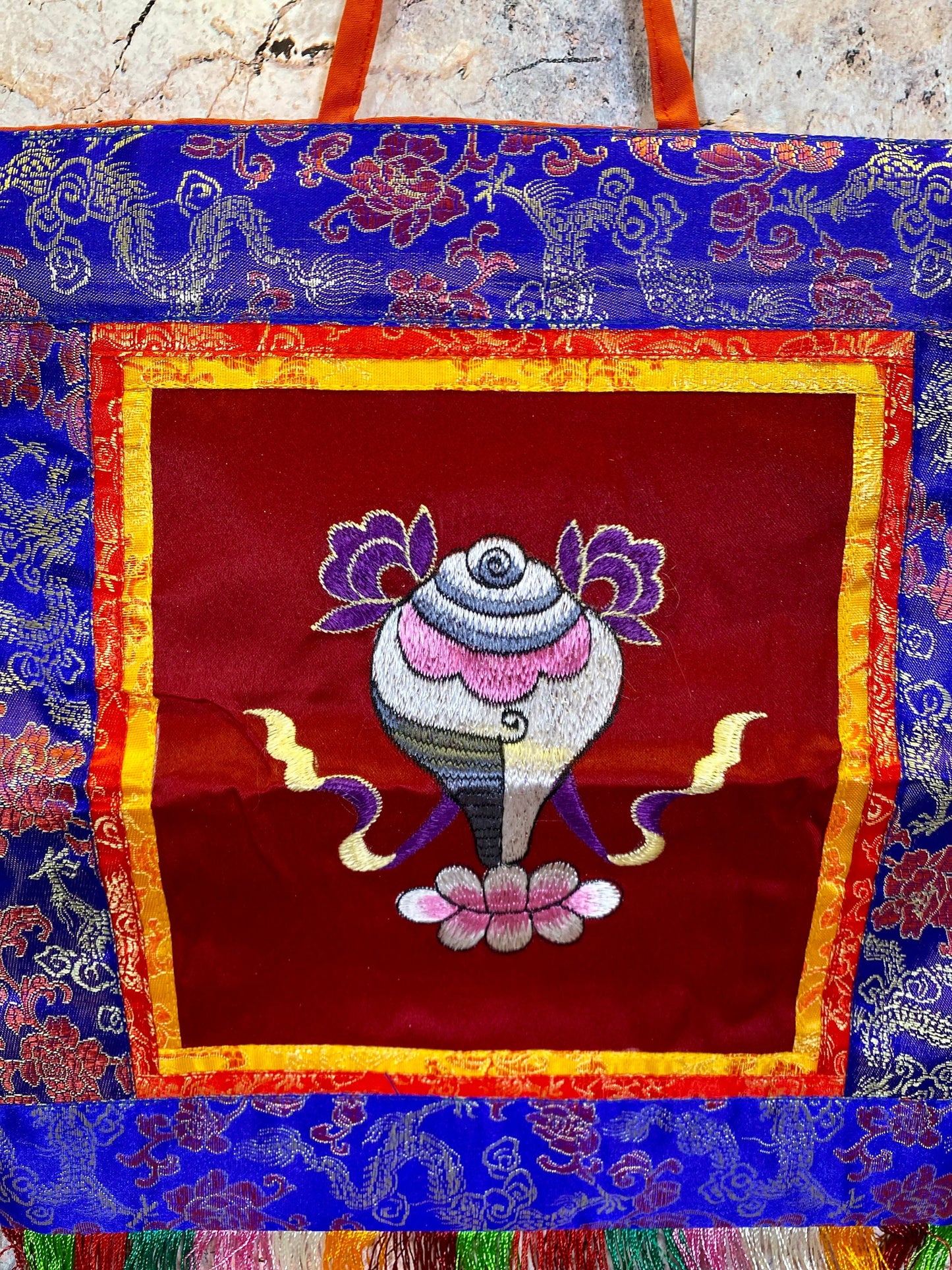 Tibetan Conch Shell Wall Banner, Authentic Brocade Silk & Cotton Hanging, Spiritual Meditation Decor, Sacred Symbol Art, 27x41cm-Osiris Craftworks