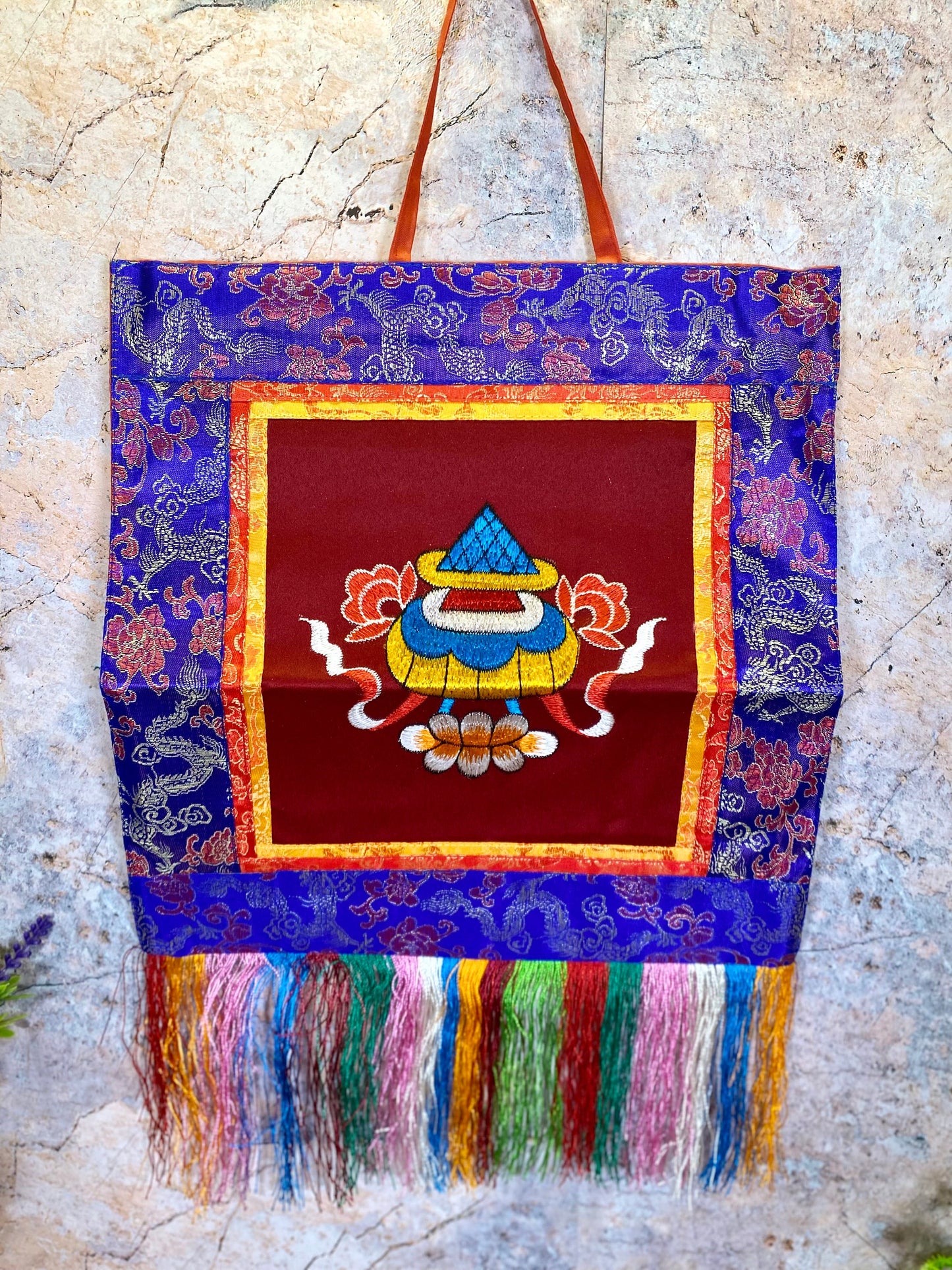 Tibetan Victory Banner, Embroidered Brocade Silk & Cotton Wall Hanging, Traditional Spiritual Decor, Meditation Art, 27x41cm-Osiris Craftworks