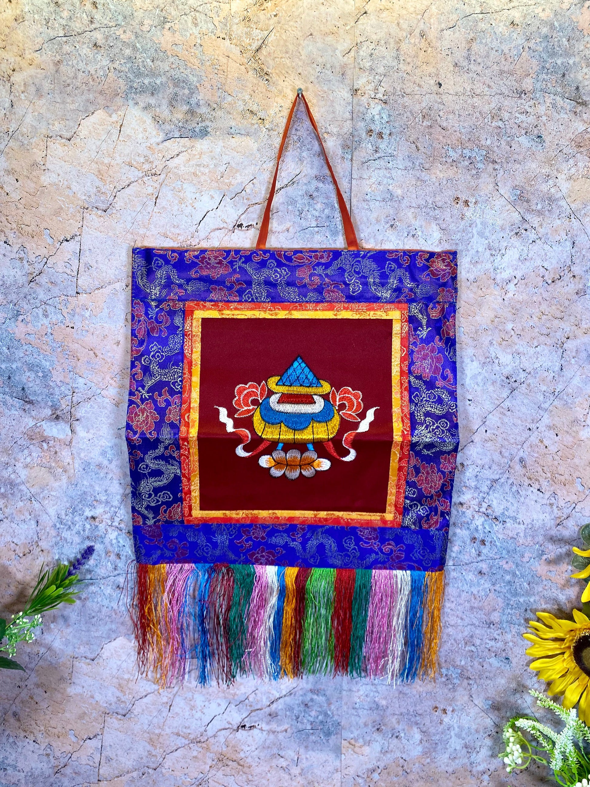 Tibetan Victory Banner, Embroidered Brocade Silk & Cotton Wall Hanging, Traditional Spiritual Decor, Meditation Art, 27x41cm-Osiris Craftworks