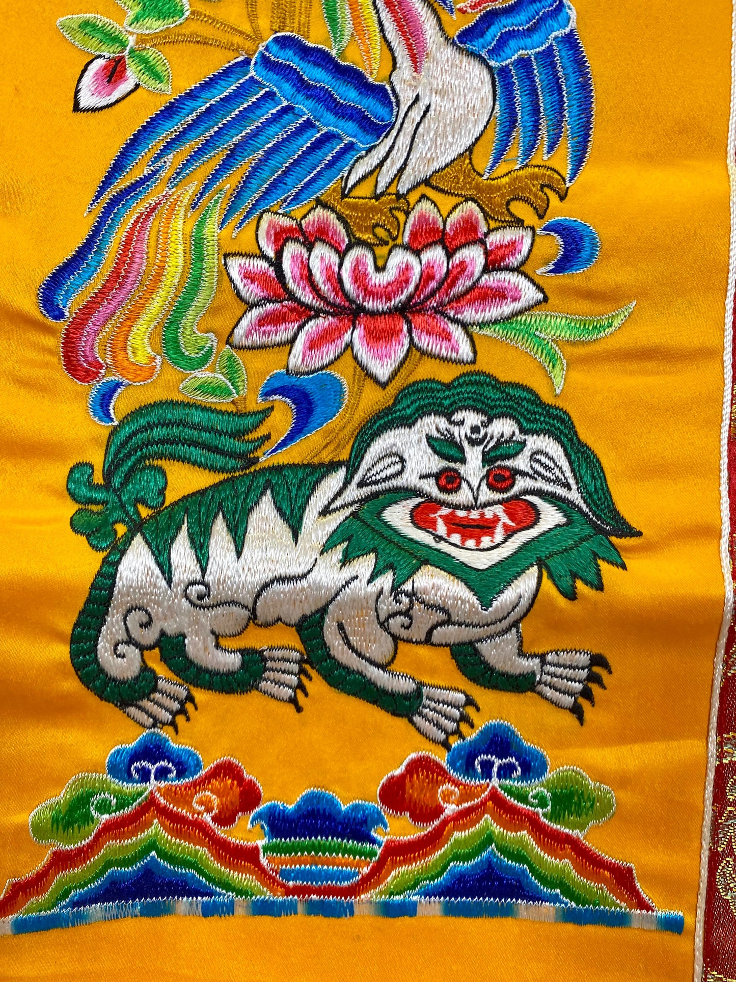 Tibetan Four Dignities Embroidered Banner, Brocade Silk & Polyester Wall Hanging, Traditional Spiritual Decor, 31x68cm-Osiris Craftworks