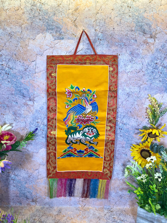 Tibetan Four Dignities Embroidered Banner, Brocade Silk & Polyester Wall Hanging, Traditional Spiritual Decor, 31x68cm-Osiris Craftworks