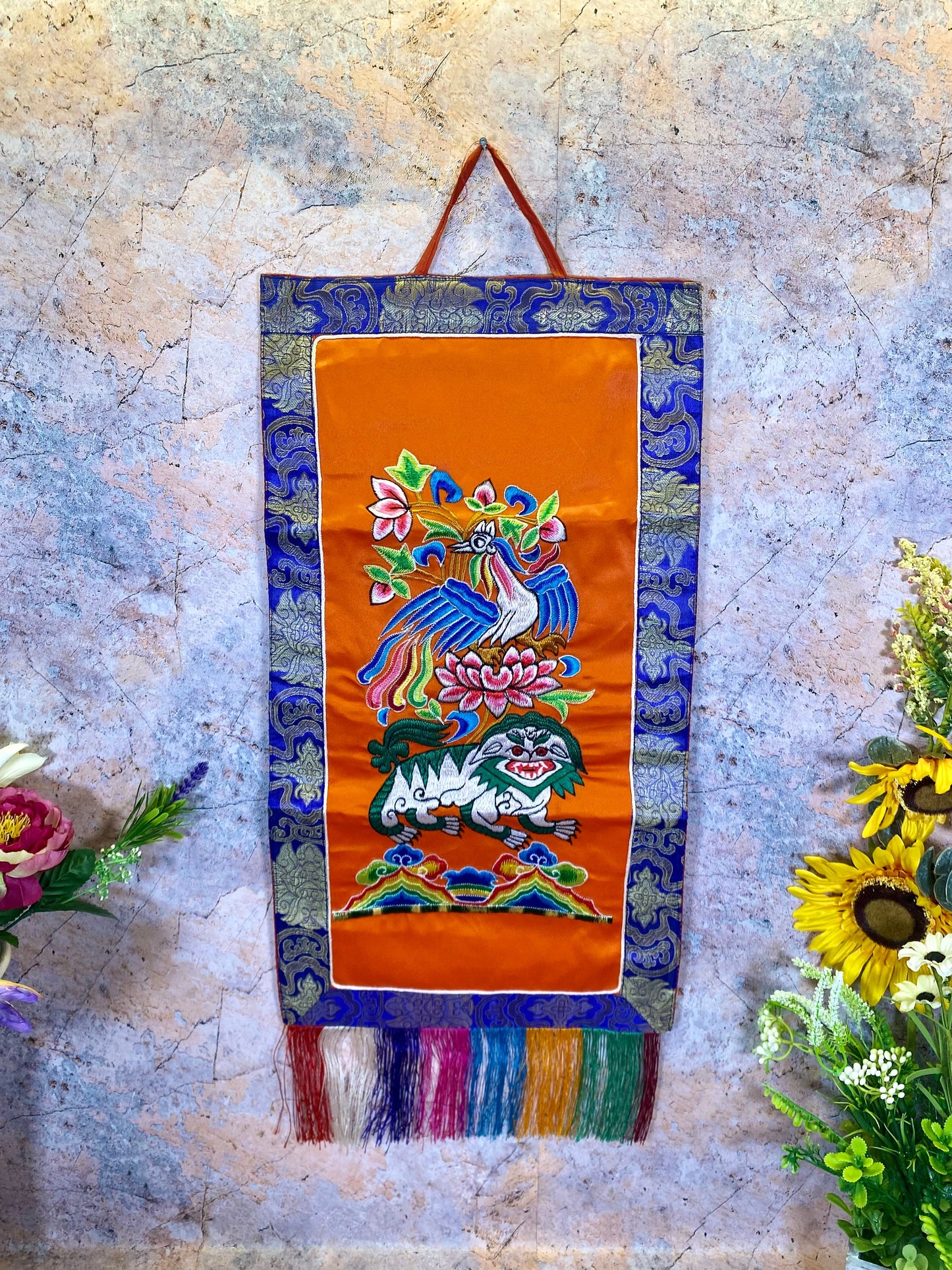 Tibetan Four Dignities Embroidered Banner, Brocade Silk & Polyester Wall Hanging, Traditional Spiritual Decor, 31x68cm-Osiris Craftworks