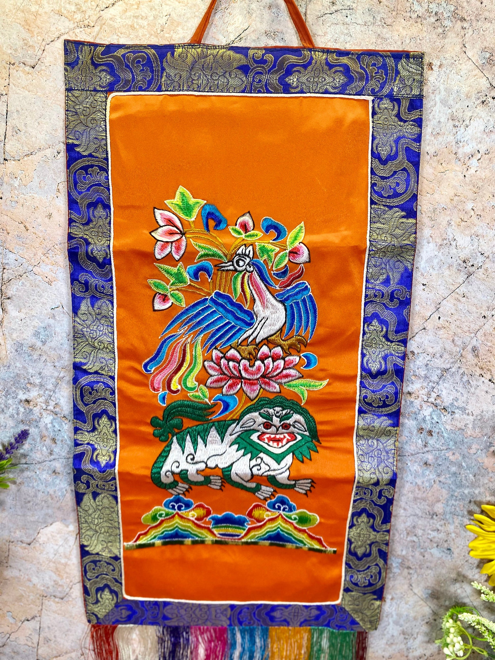 Tibetan Four Dignities Embroidered Banner, Brocade Silk & Polyester Wall Hanging, Traditional Spiritual Decor, 31x68cm-Osiris Craftworks