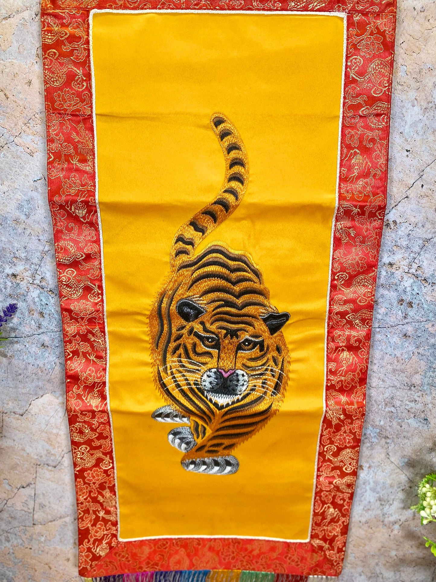 Tibetan Tiger Banner, Embroidered Wall Hanging, Traditional Brocade Silk & Polyester Decor, Spiritual Art Piece, 30x68cm-Osiris Craftworks