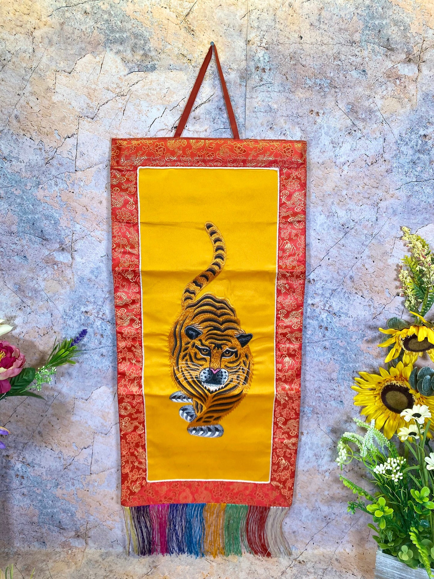 Tibetan Tiger Banner, Embroidered Wall Hanging, Traditional Brocade Silk & Polyester Decor, Spiritual Art Piece, 30x68cm-Osiris Craftworks