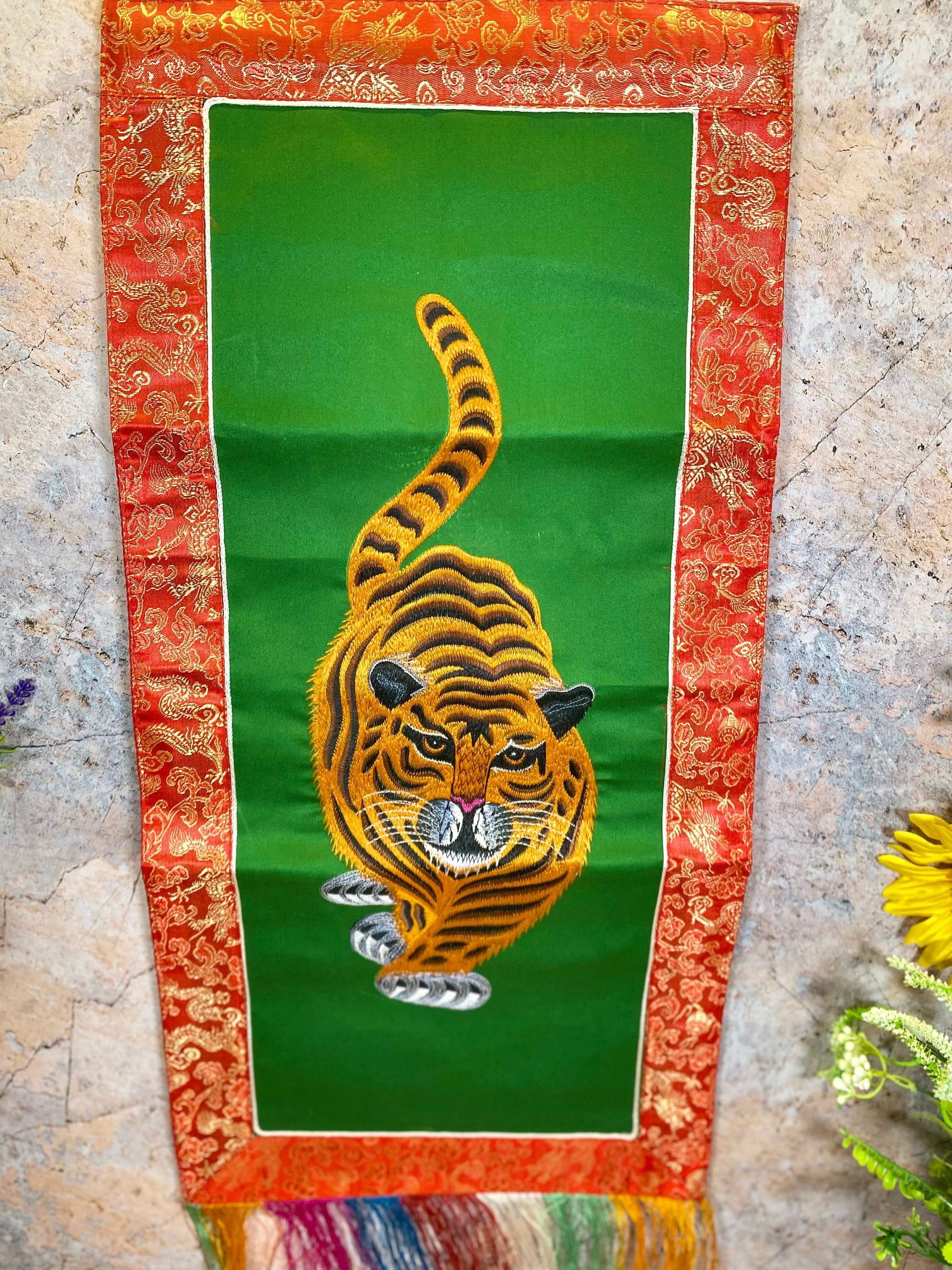 Tibetan Tiger Banner, Embroidered Wall Hanging, Traditional Brocade Silk & Polyester Decor, Spiritual Art Piece, 30x68cm-Osiris Craftworks