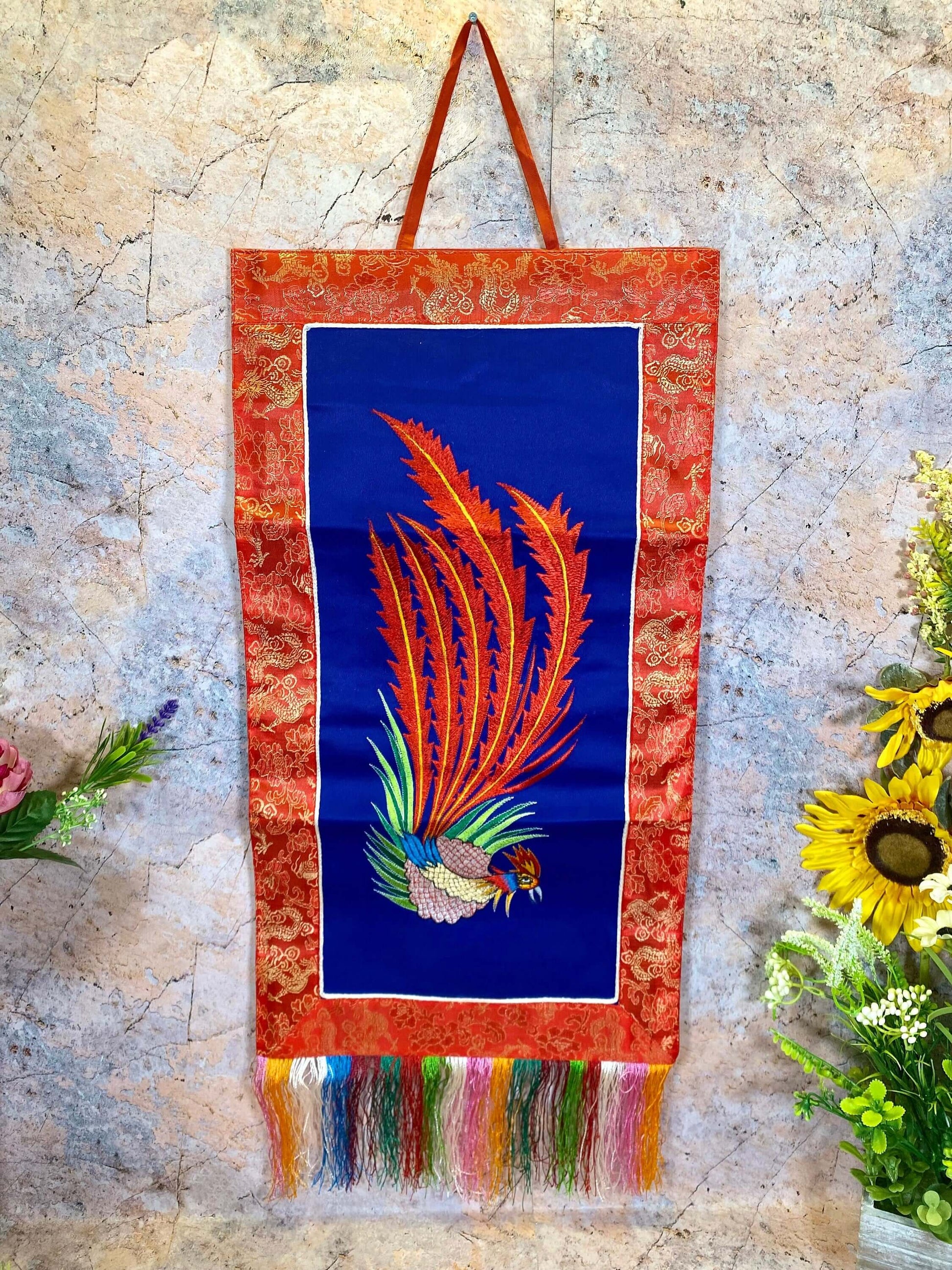 Tibetan Phoenix Banner, Embroidered Wall Decor, Brocade Silk & Polyester Art, Traditional Spiritual Hanging, 31x66cm-Osiris Craftworks