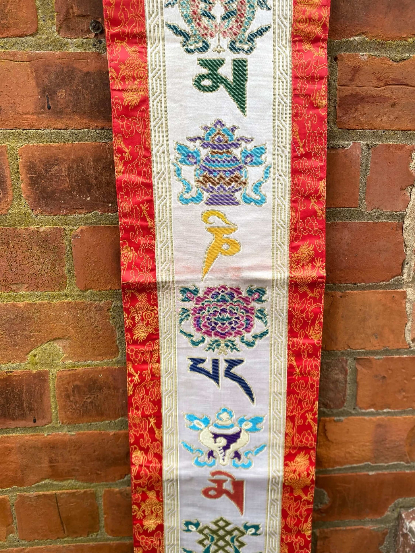 Large Tibetan Buddha Banner, Om Mani Brocade Embroidery, Silk Altar Decoration, Spiritual Wall Hanger, Handmade, 160x24cm-Osiris Craftworks