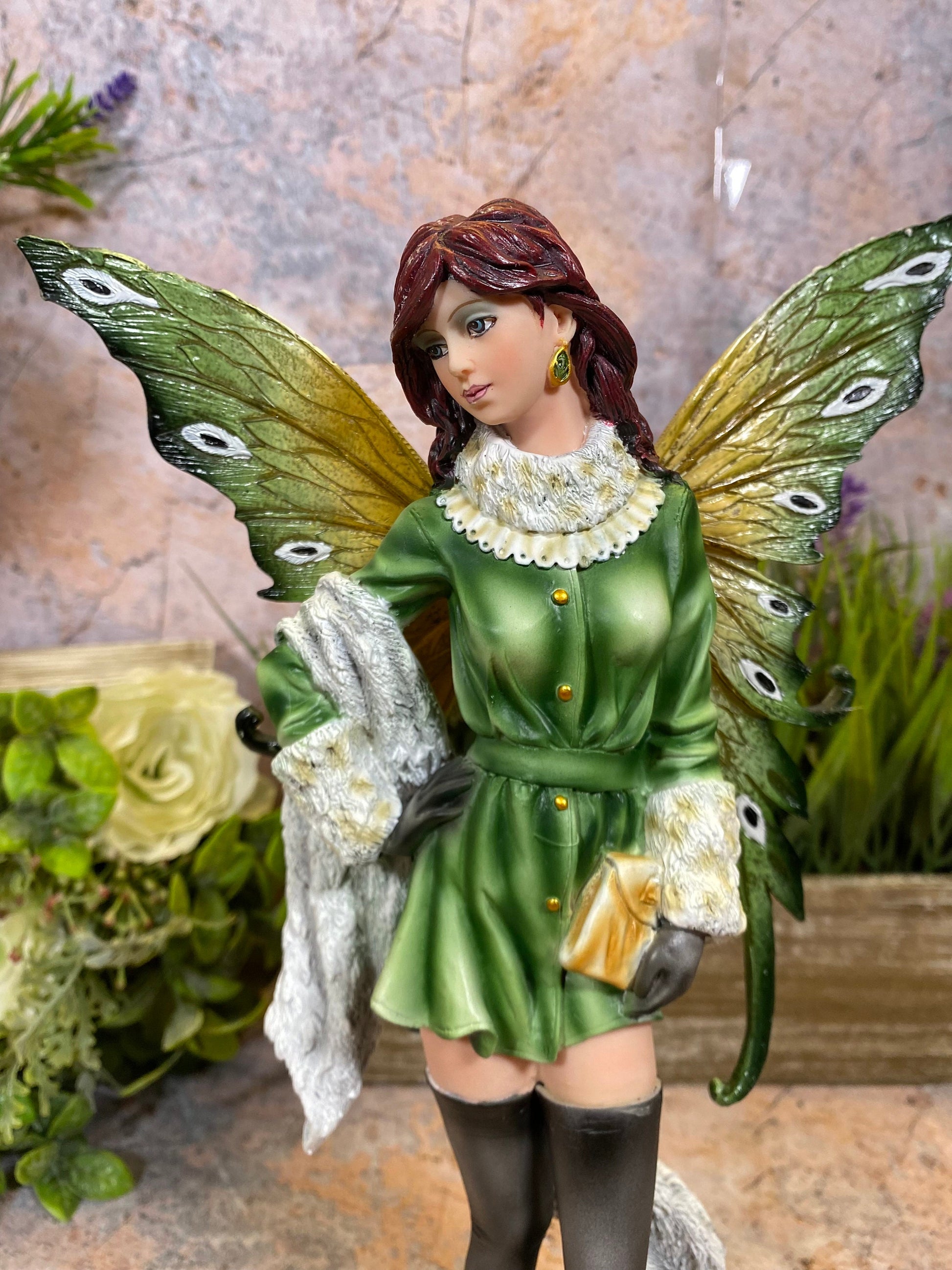 Elegant Green Dress Fairy Statue, Resin Fantasy Sculpture, Whimsical Home Decor, Enchanted Fairy Collectible, Handcrafted Art, 31cm Tall-Osiris Craftworks