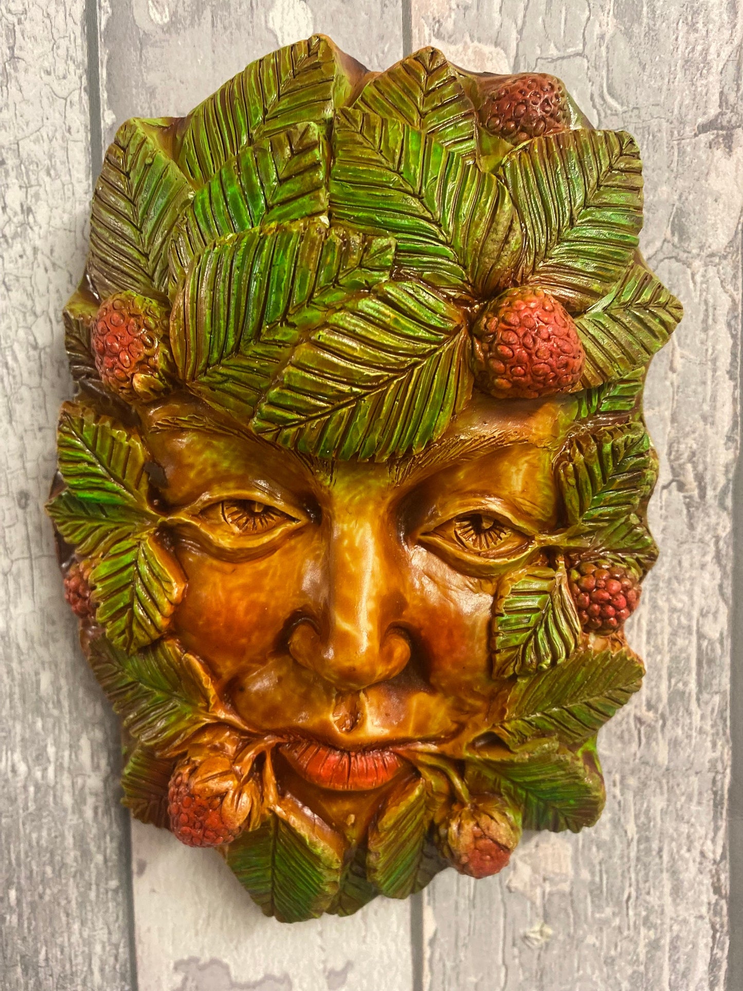 Strawberry Green Man Plaque | Green Goddess | Garden Wall Ornament | Mystic Pagan Decor | 18x12cm-Osiris Craftworks