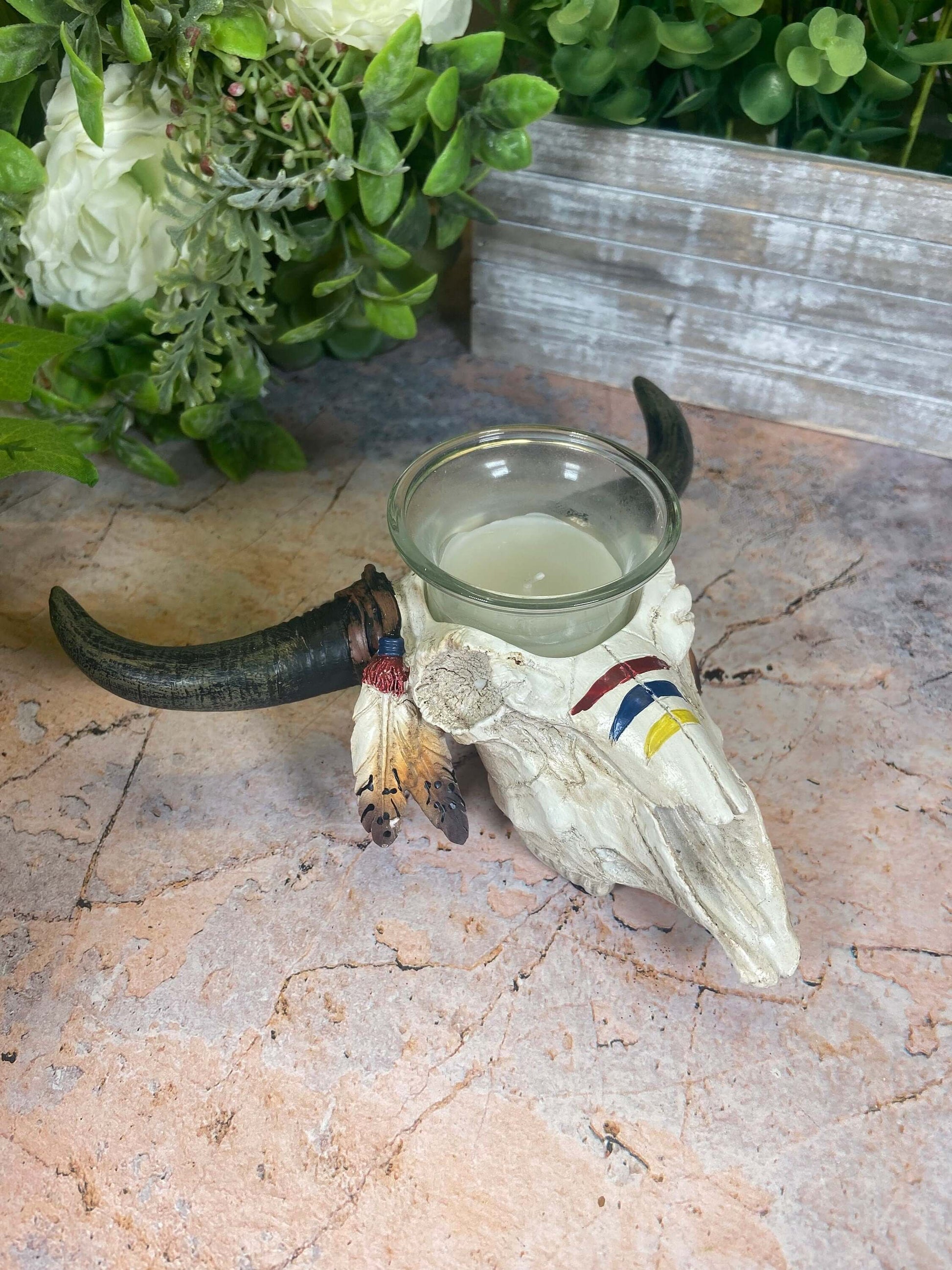 Native American Style Bison Skull | Resin Candle Holder | Spiritual Home Décor | Indigenous Art Influence | 8x18cm-Osiris Craftworks