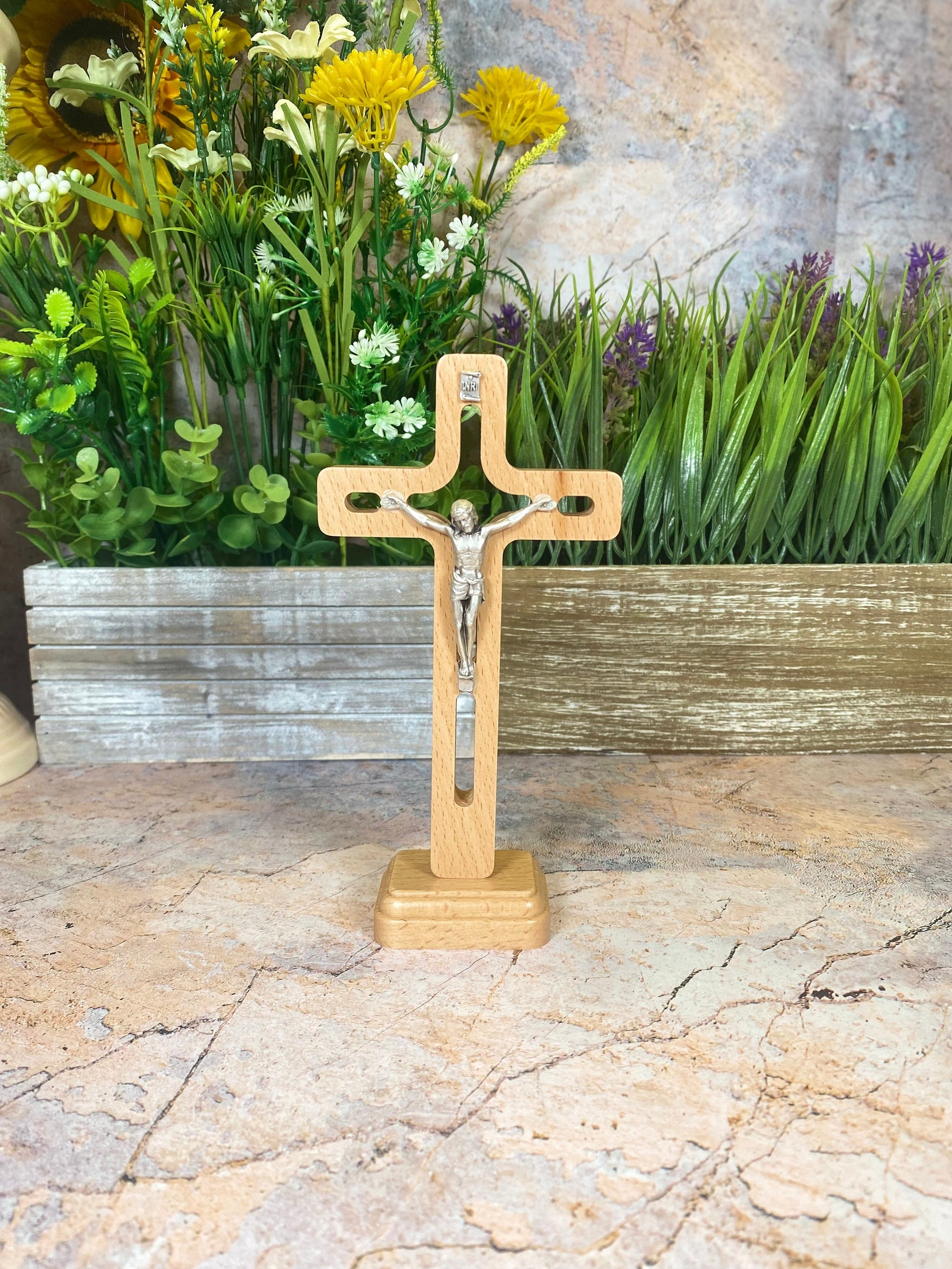 Freestanding Wooden Crucifix, Jesus Christ Cross, Spiritual Home Decor, Religious Tabletop Ornament, Elegant Christian Faith Symbol-Osiris Craftworks