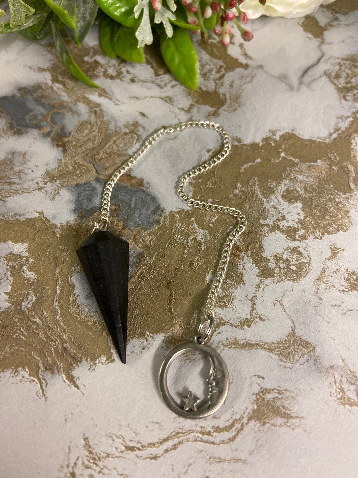 Celestial Black Tourmaline Pendulum | Moon & Star Adornments | Mystical Divination Tool | 20cm-24cm Length