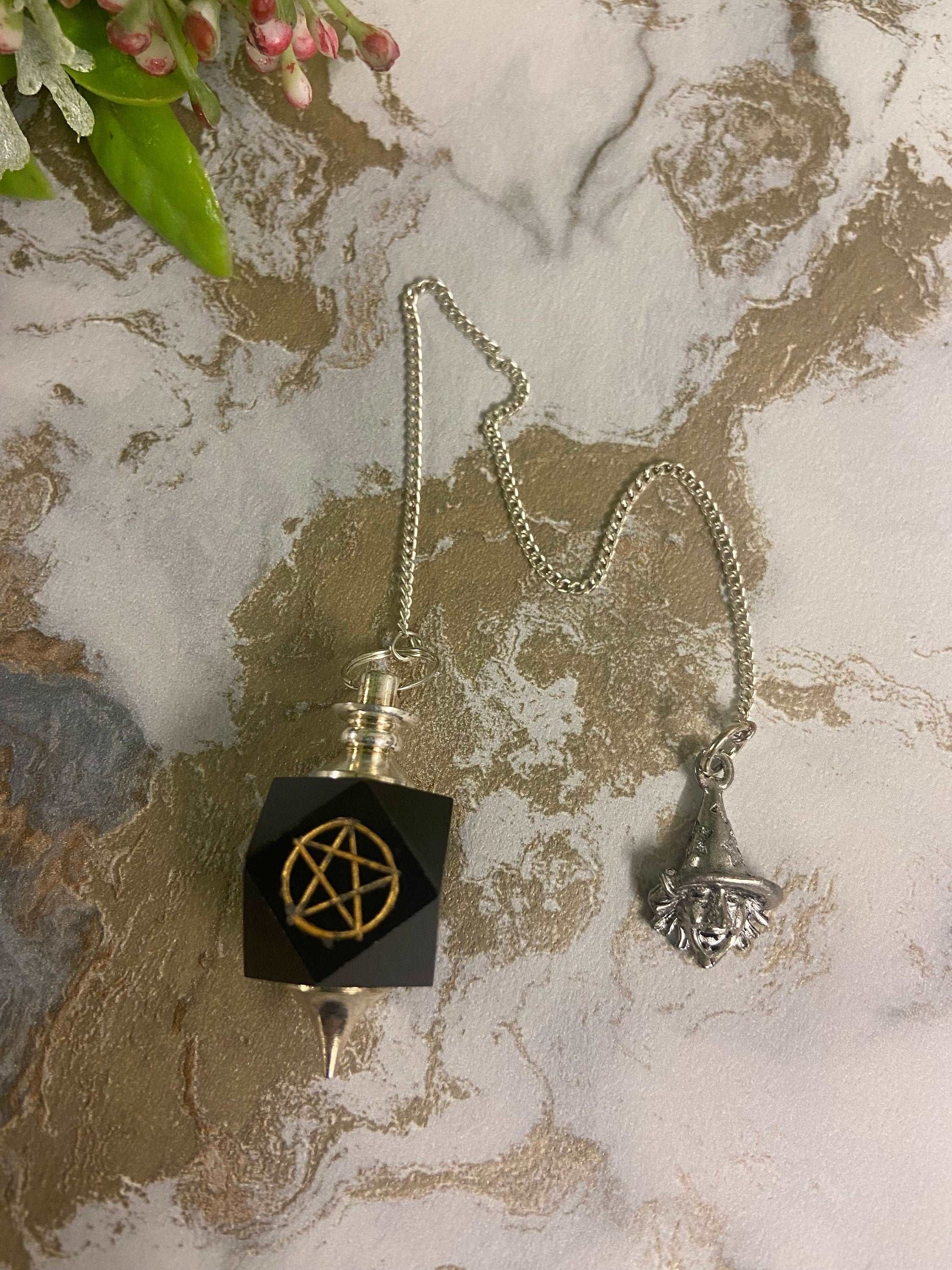 Black Agate Pentagram Pendulum | Witch Symbol Adornment | Divination with Velvet Pouch | 20cm-24cm Length-Osiris Craftworks