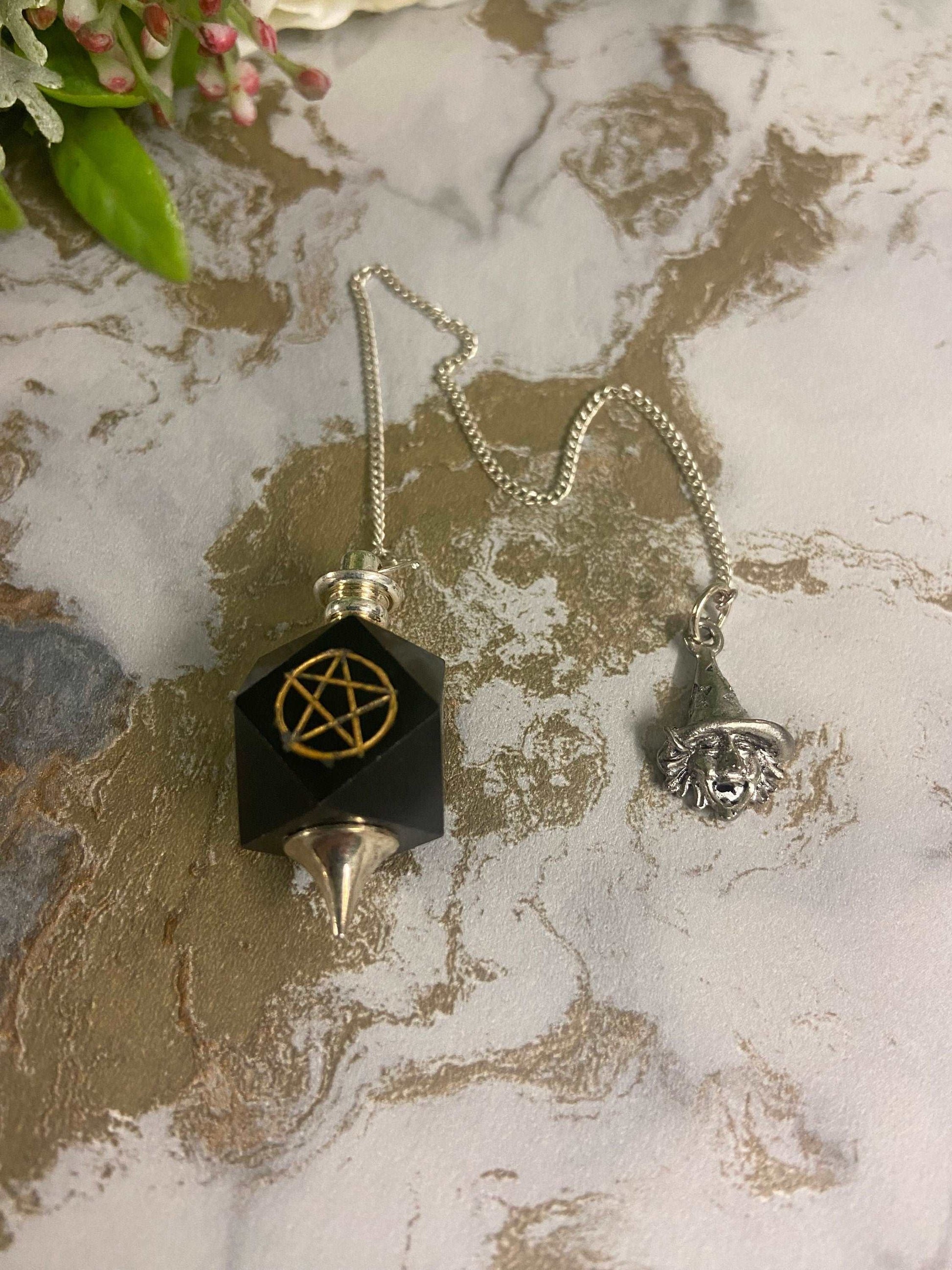 Black Agate Pentagram Pendulum | Witch Symbol Adornment | Divination with Velvet Pouch | 20cm-24cm Length-Osiris Craftworks