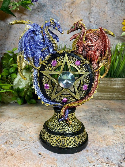 Dual Dragons on Pentagram Stand | Mystical Blue & Red Guardians | Celtic-Inspired Decor | Gem-Embellished Talisman