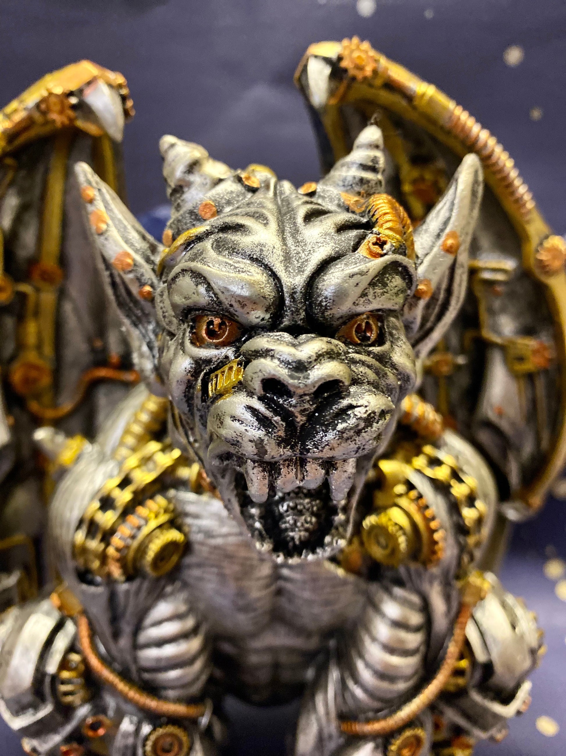 Steampunk Gargoyle Statue | Mechanical Gothic Decor | Gold Accent Fantasy Figure | Unique Art Piece | Collector's Delight-Osiris Craftworks