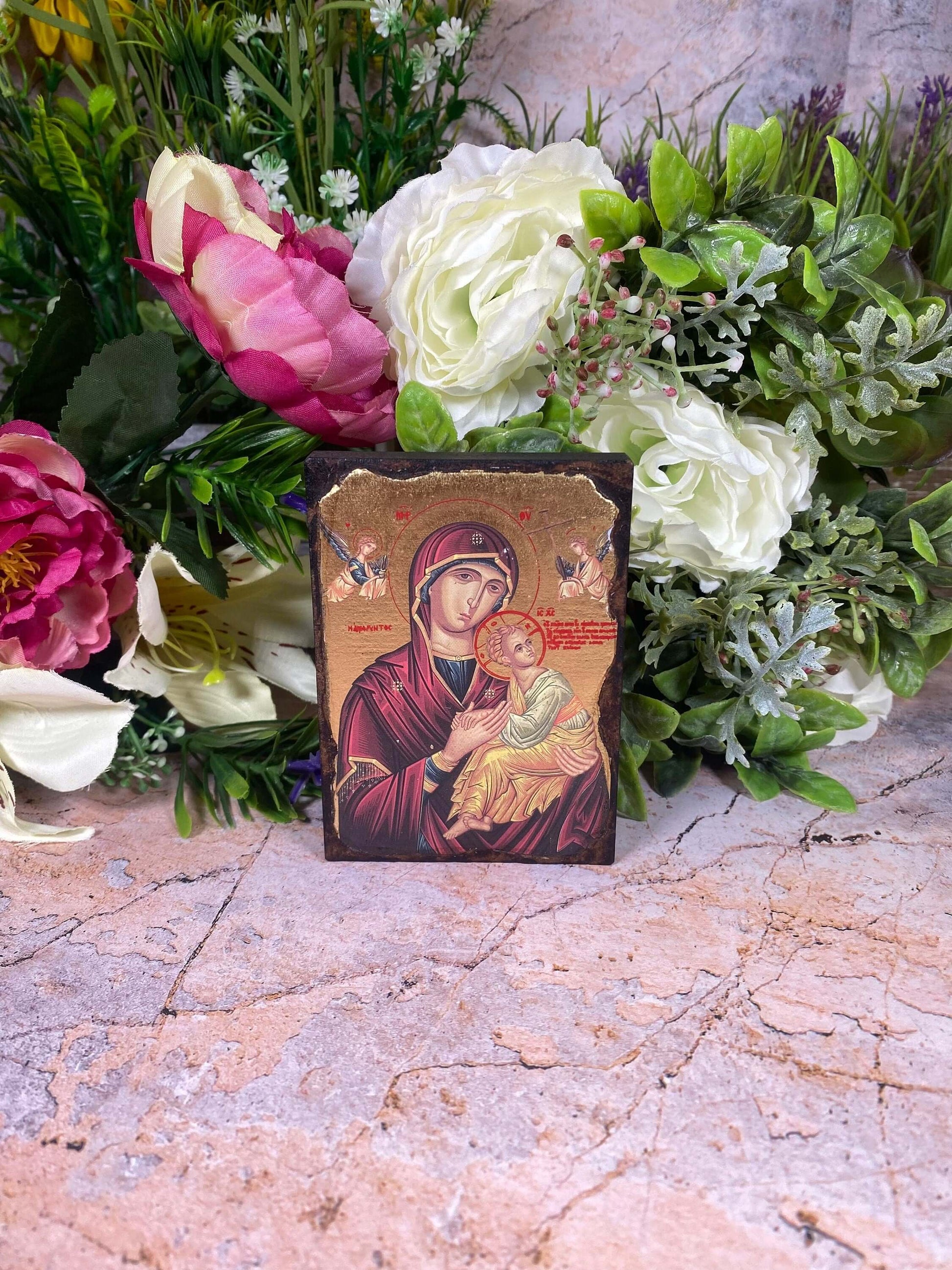 Virgin Mary & Baby Jesus Hanging Icon (10.5cm x 7.5cm) - Divine Motherhood Religious Wall Plaque for Spiritual Elevation-Osiris Craftworks