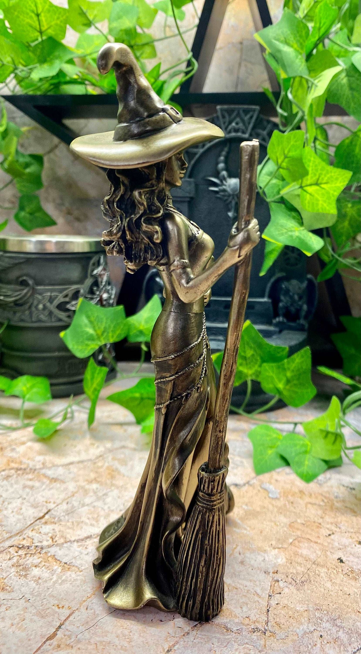 Bronze Witch Figurine with Cat | Handmade Resin | Witchcraft & Wiccan Decor | Magical Gift Home Ornament-Osiris Craftworks